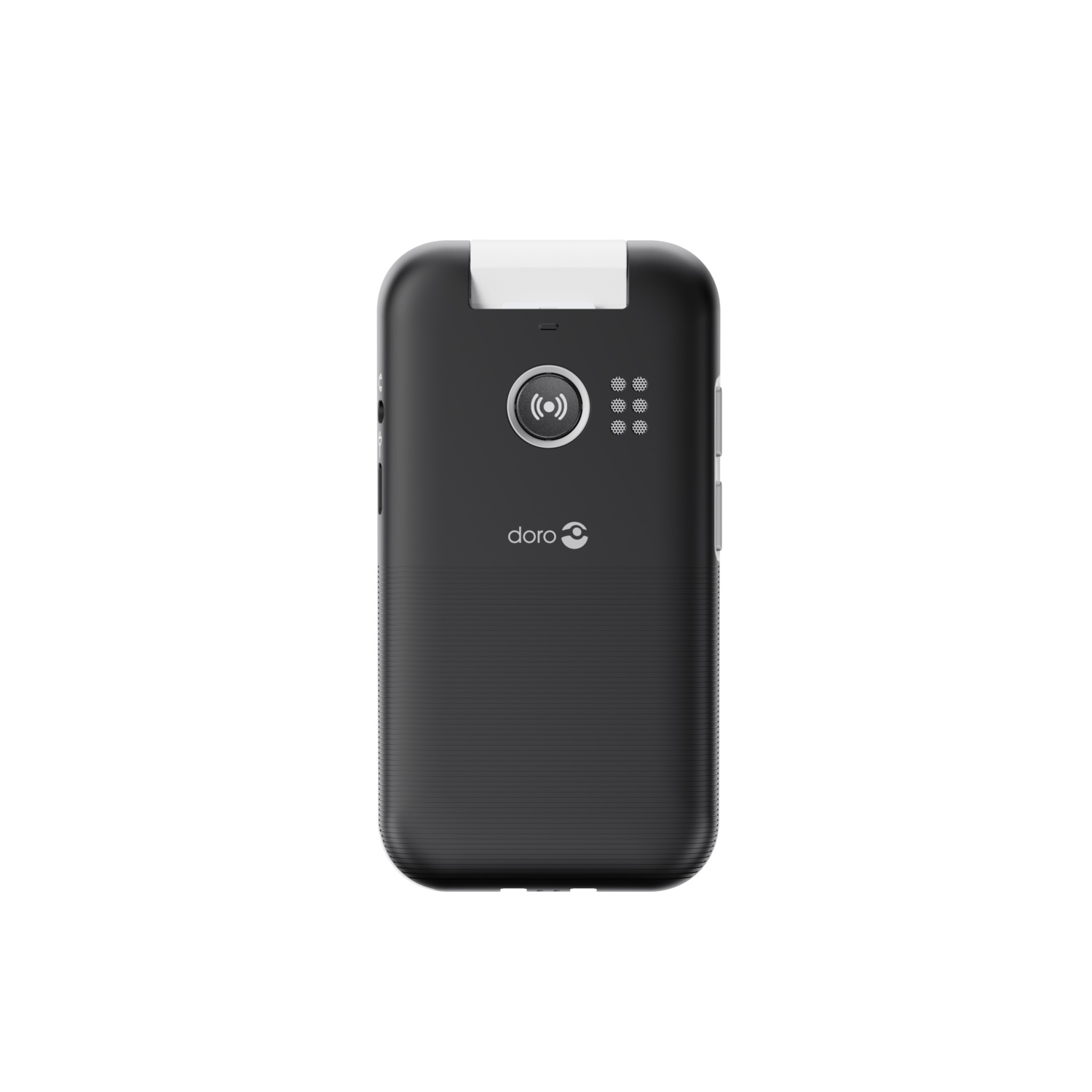 A black Doro phone with a white top. It has a circle with signal bars and dots. The brand name is at the bottom.
