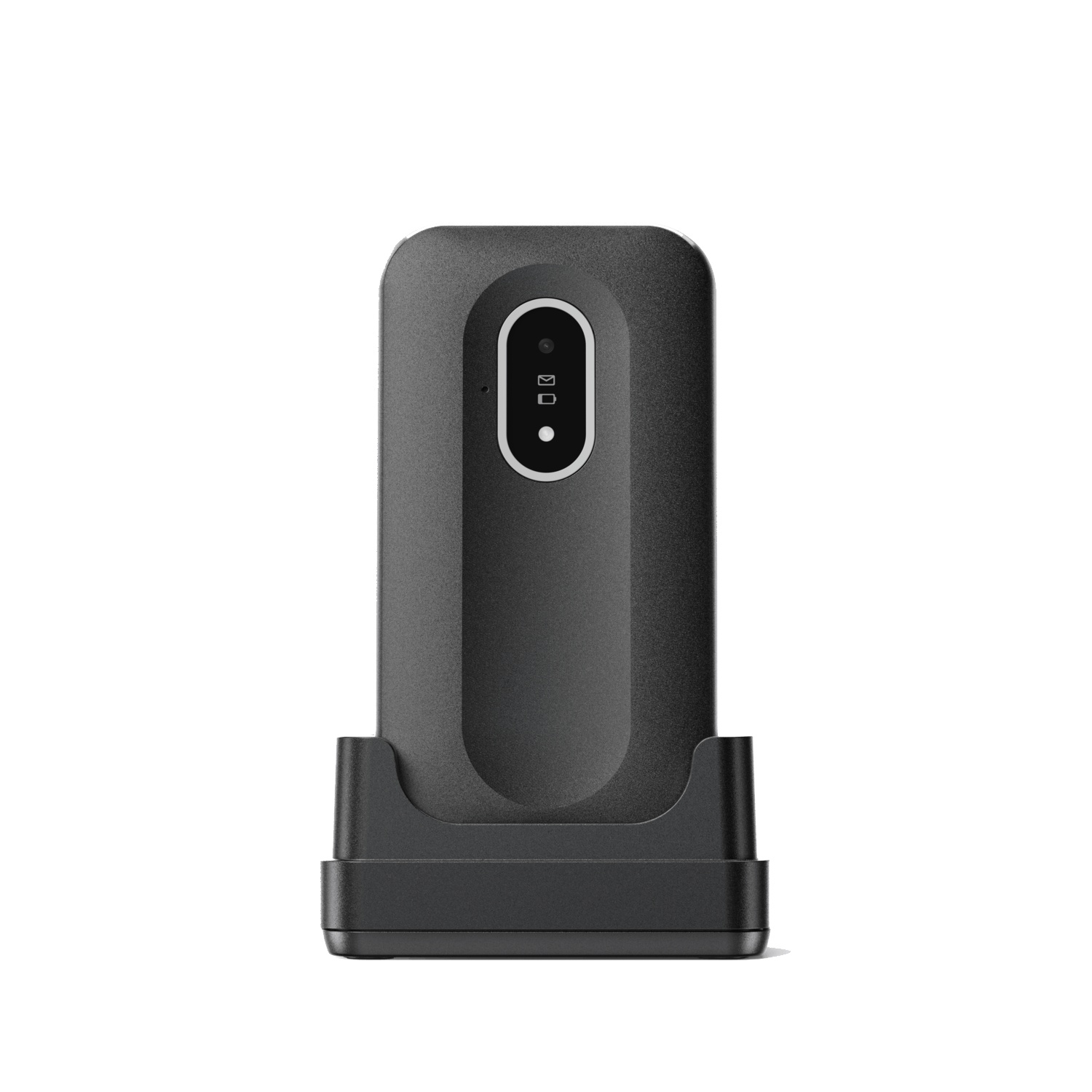 A black device with a charging base. It has a rounded rectangle shape with a display and two indicators. It is on a white background.
