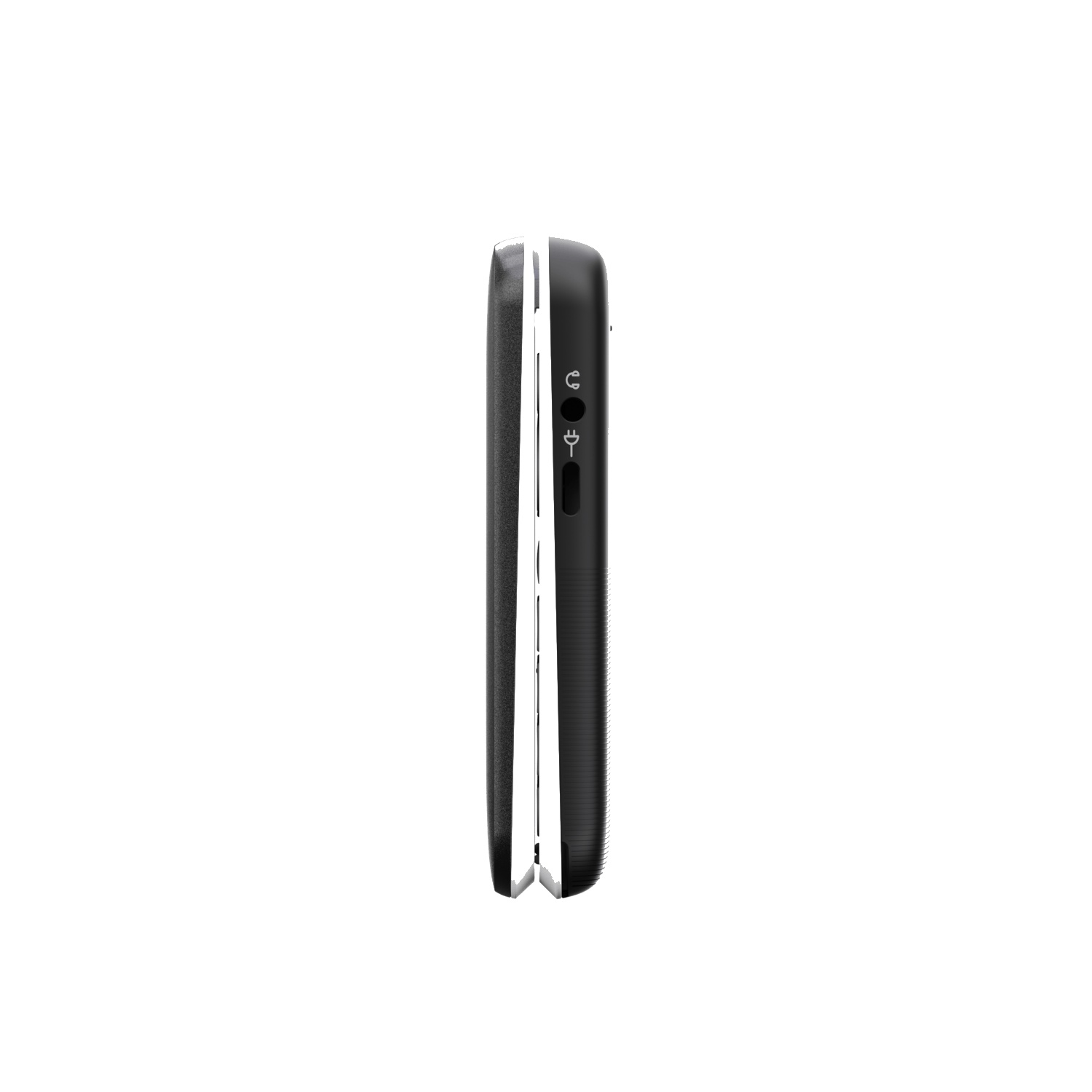 Side view of a black cell phone with a white border. It has a headphone jack, volume buttons, and charging port.