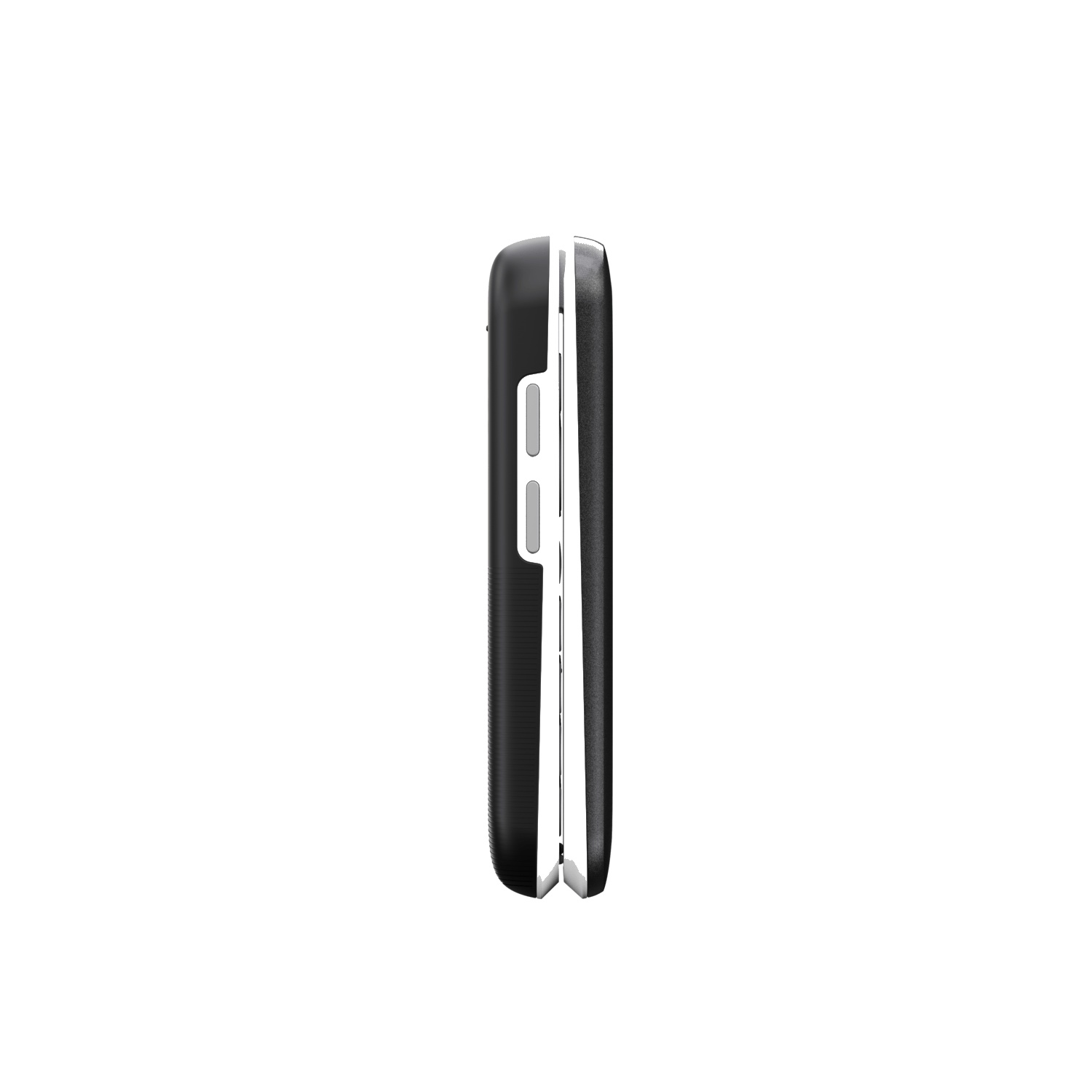 Side view of a black and white flip phone, closed. The phone is set against a white background.