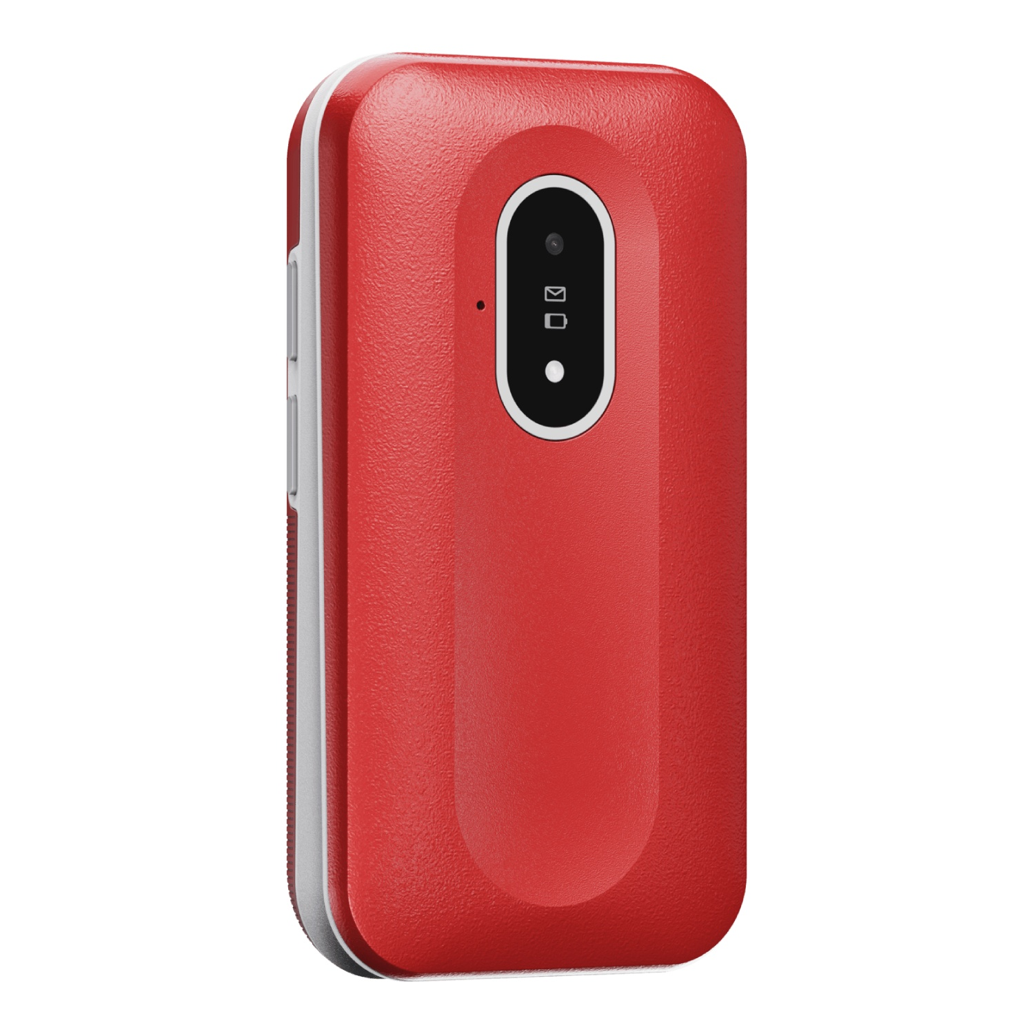 A red flip phone with a black panel containing a camera and icons. The phone has a white border and is isolated on white.