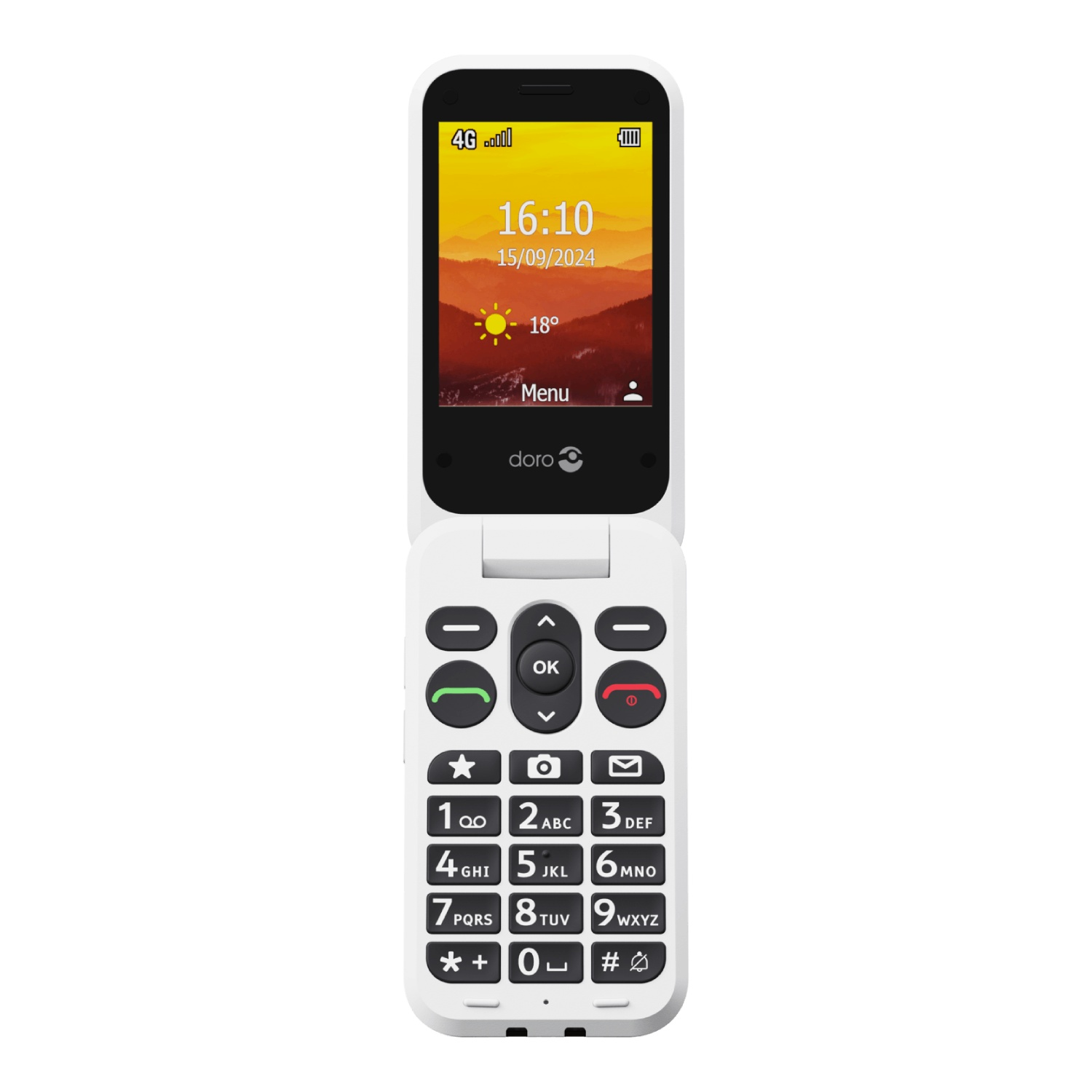 A white flip phone with an open screen. The screen shows the time, date, and a weather icon. The keypad has numbers and function keys.