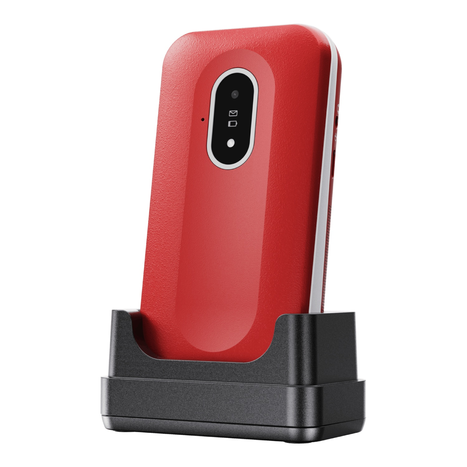 A red phone is in a black charging dock. The phone has a screen with icons and the dock is sitting on a white background.