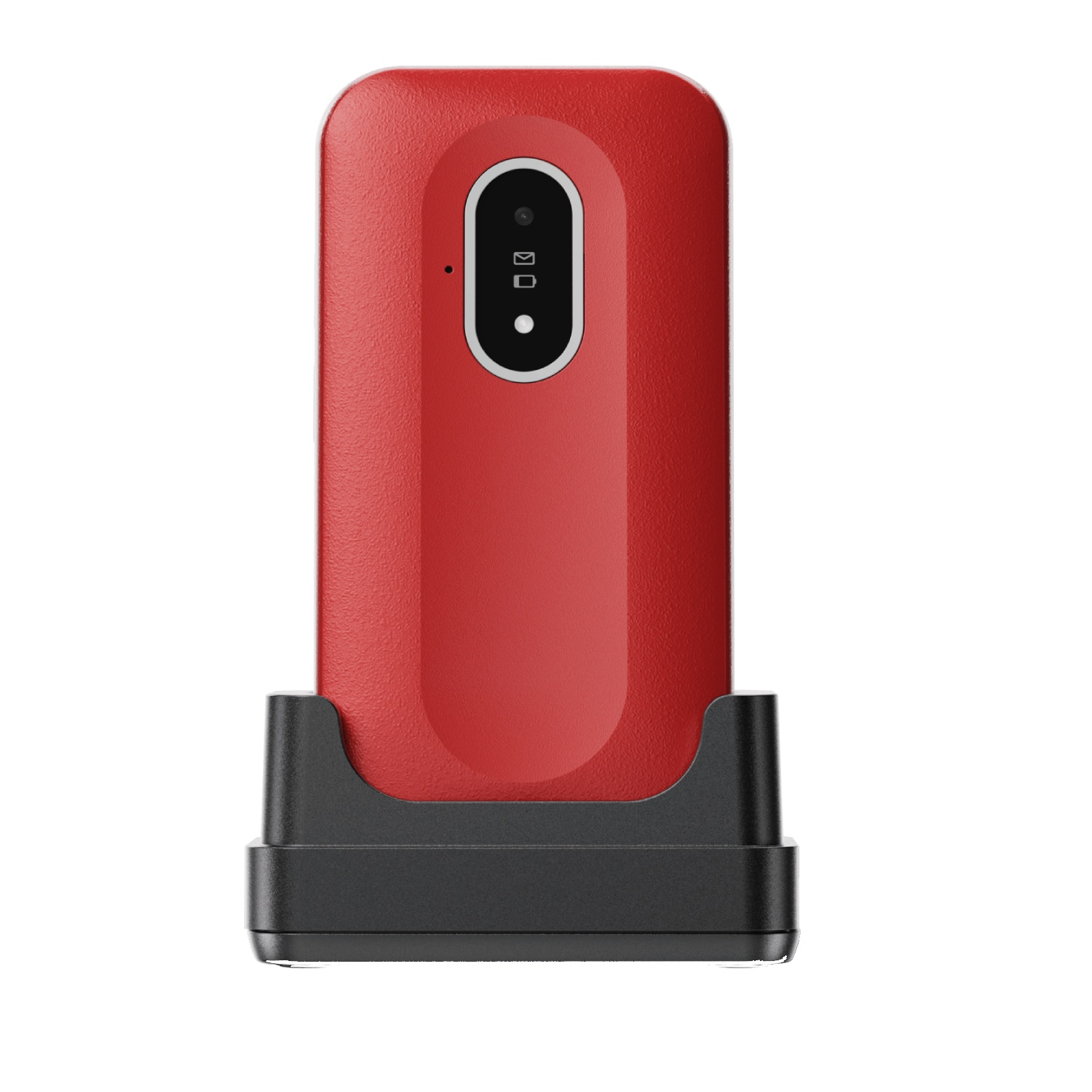 A red rectangular device with a black base. It has a small screen with icons and a white border.