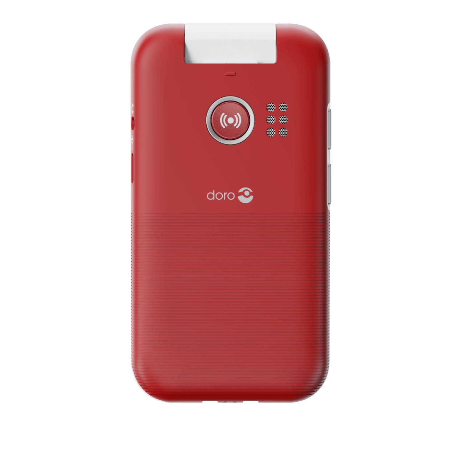 Red Doro flip phone. White hinge at the top. Round button and speaker holes in the middle. Doro logo at the bottom.
