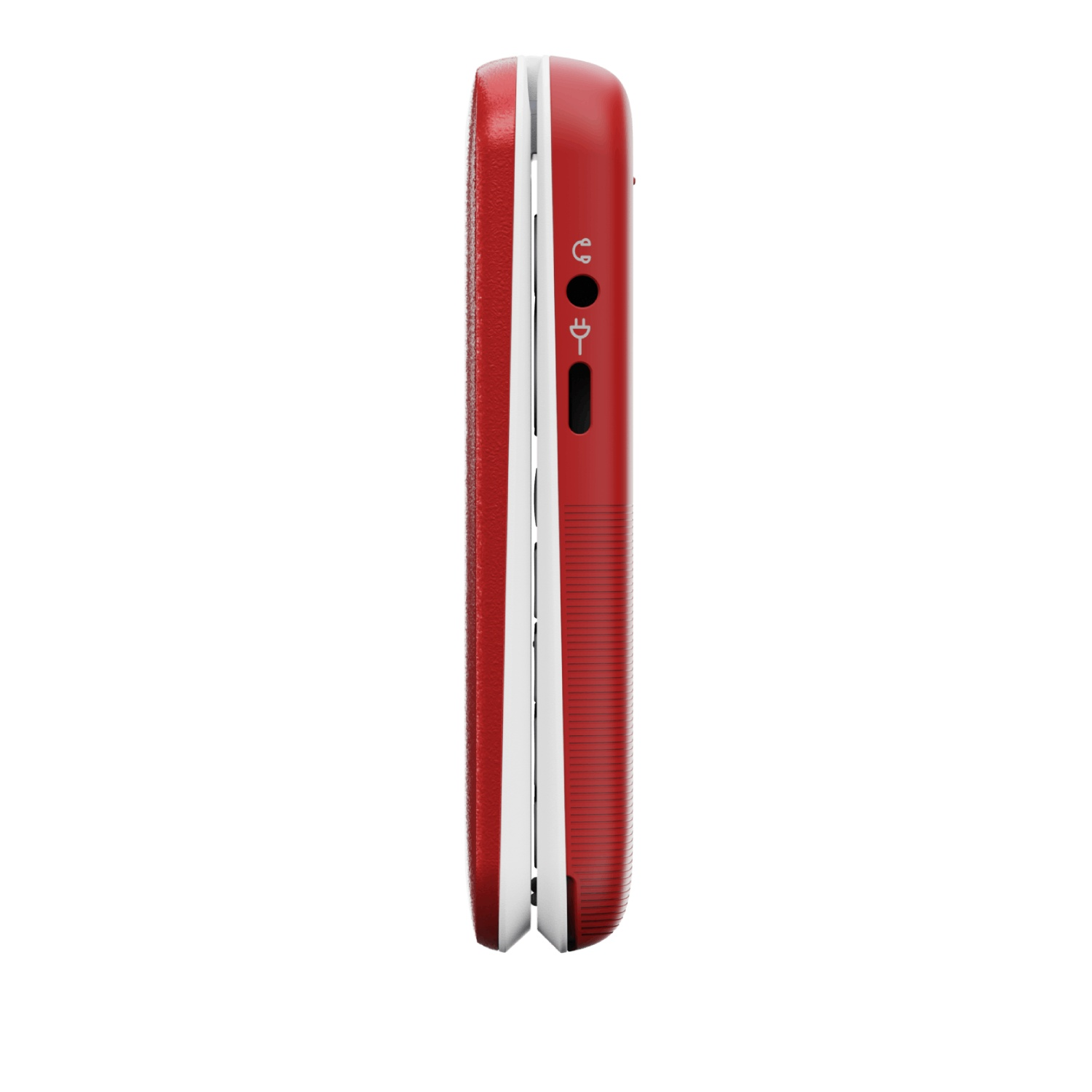 Side view of a red and white flip phone. The phone has a red casing with white accents. Ports and a charging symbol are visible.