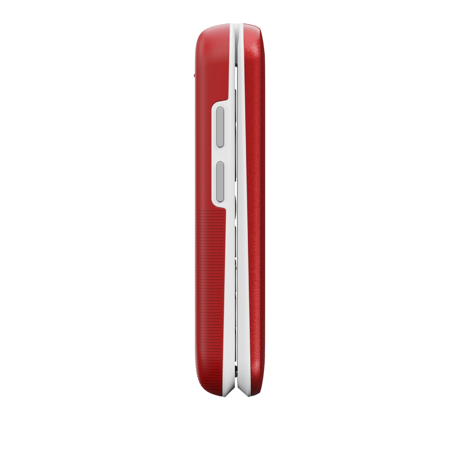 Side view of a red and white flip phone. Two buttons are visible on the side. The phone is closed, showing its edge.