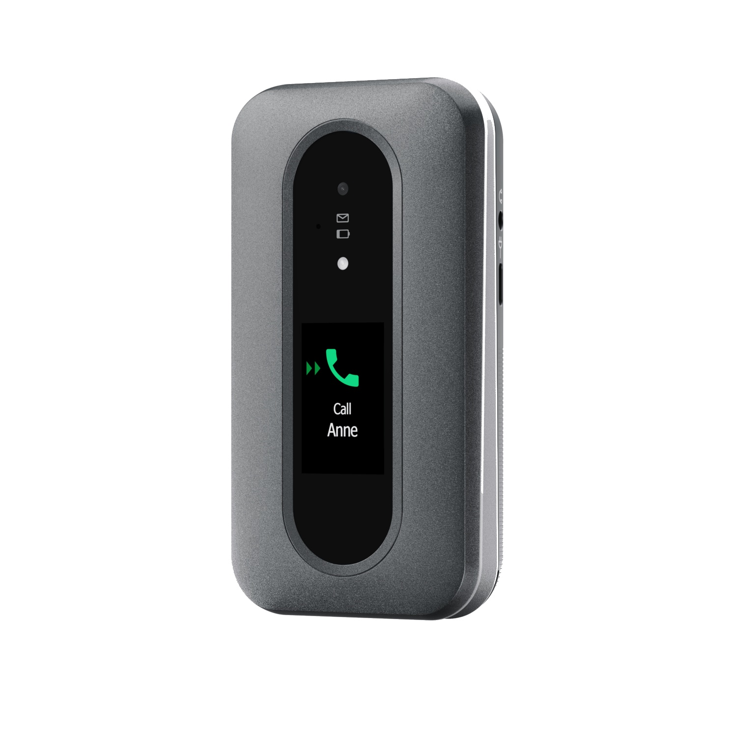 A gray phone-like device with a screen showing a call interface. It displays a green phone icon and "Call Anne".