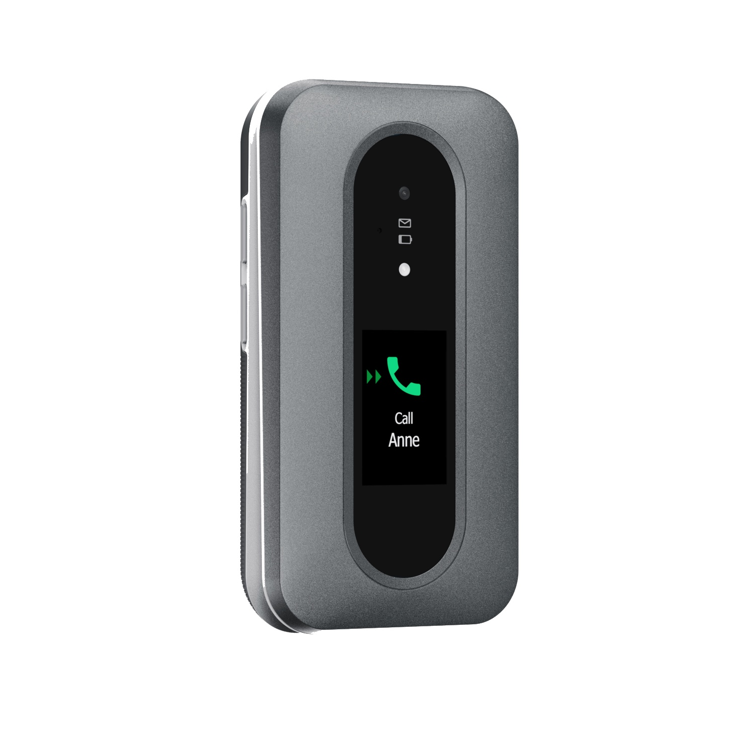 A gray phone device with a screen displaying a green phone icon and 'Call Anne'. The device is on a white background.