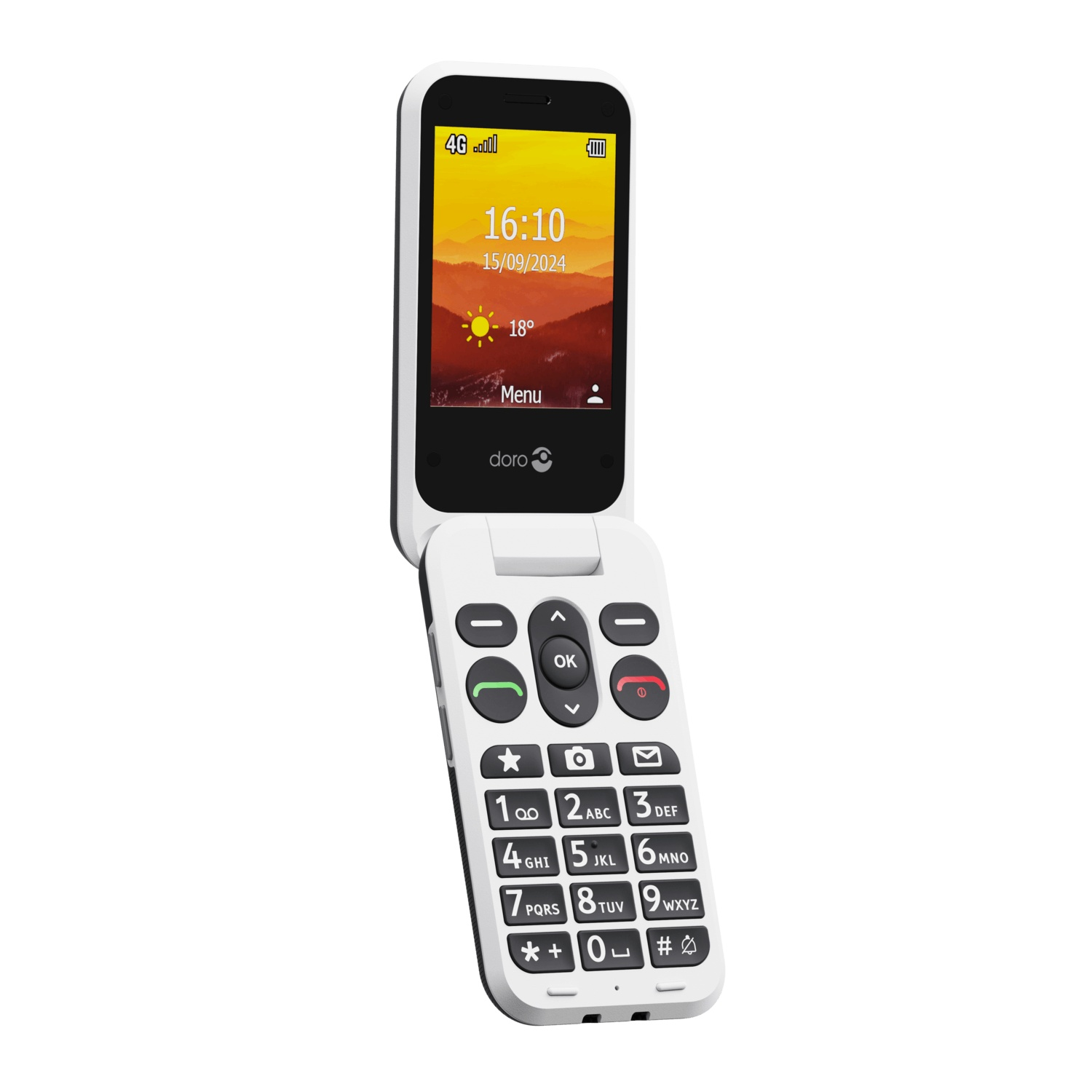 A white flip phone with a black screen displaying time, date, and temperature. It has large buttons and a 'doro' logo.