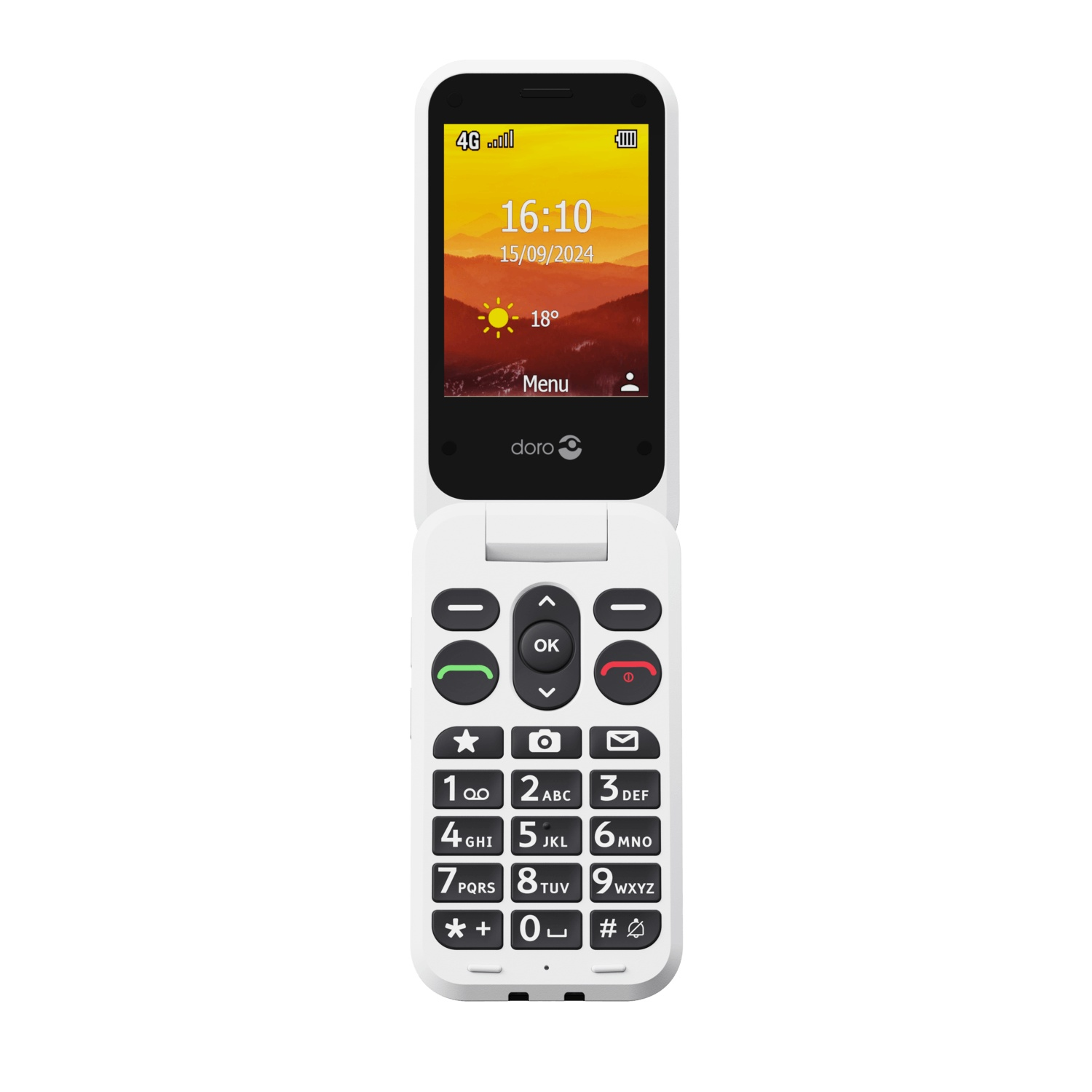 White flip phone with screen displaying time, date, and temperature. Keypad visible with large buttons.