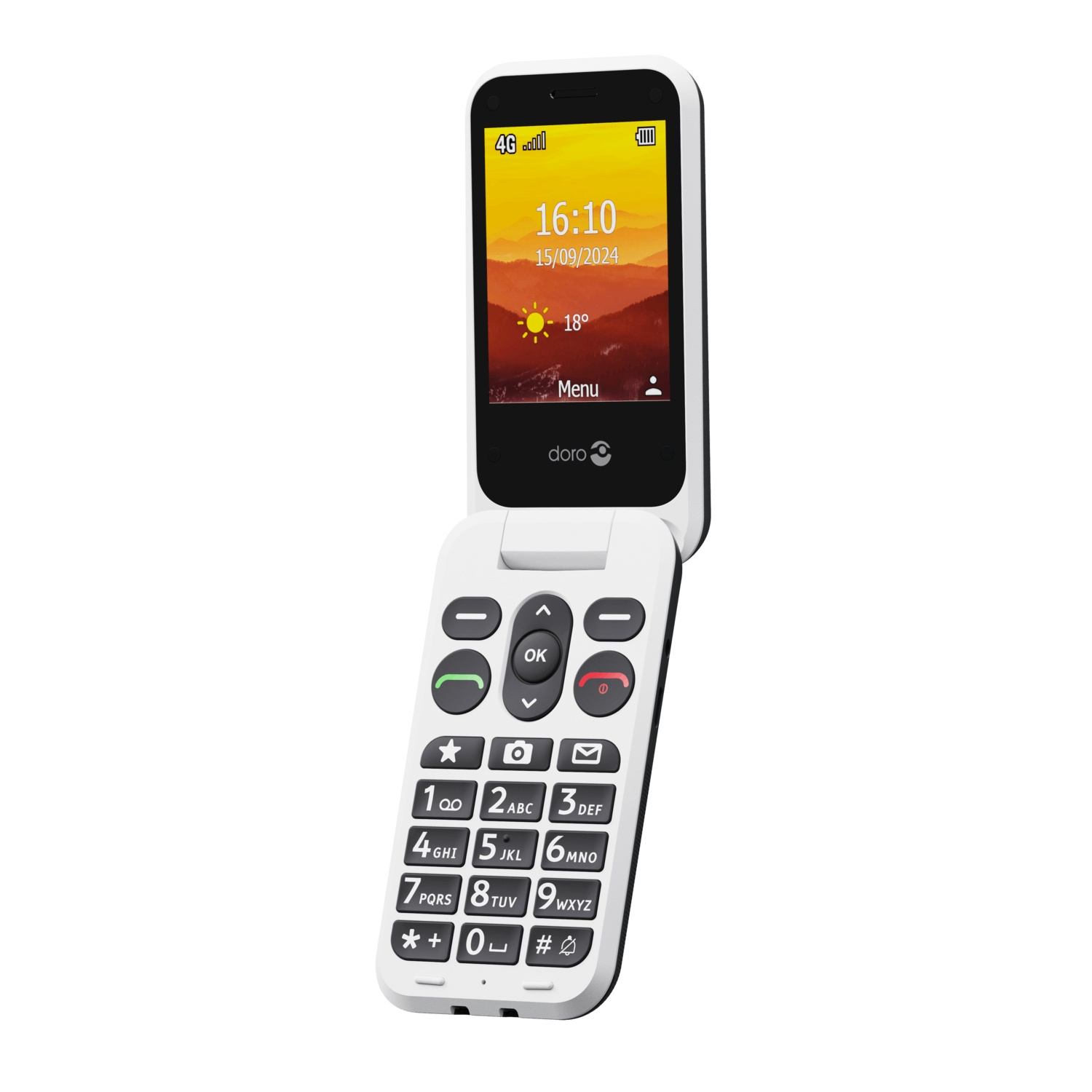 A white flip phone with a screen displaying time, date, and temperature. The keypad has large buttons with numbers and symbols.
