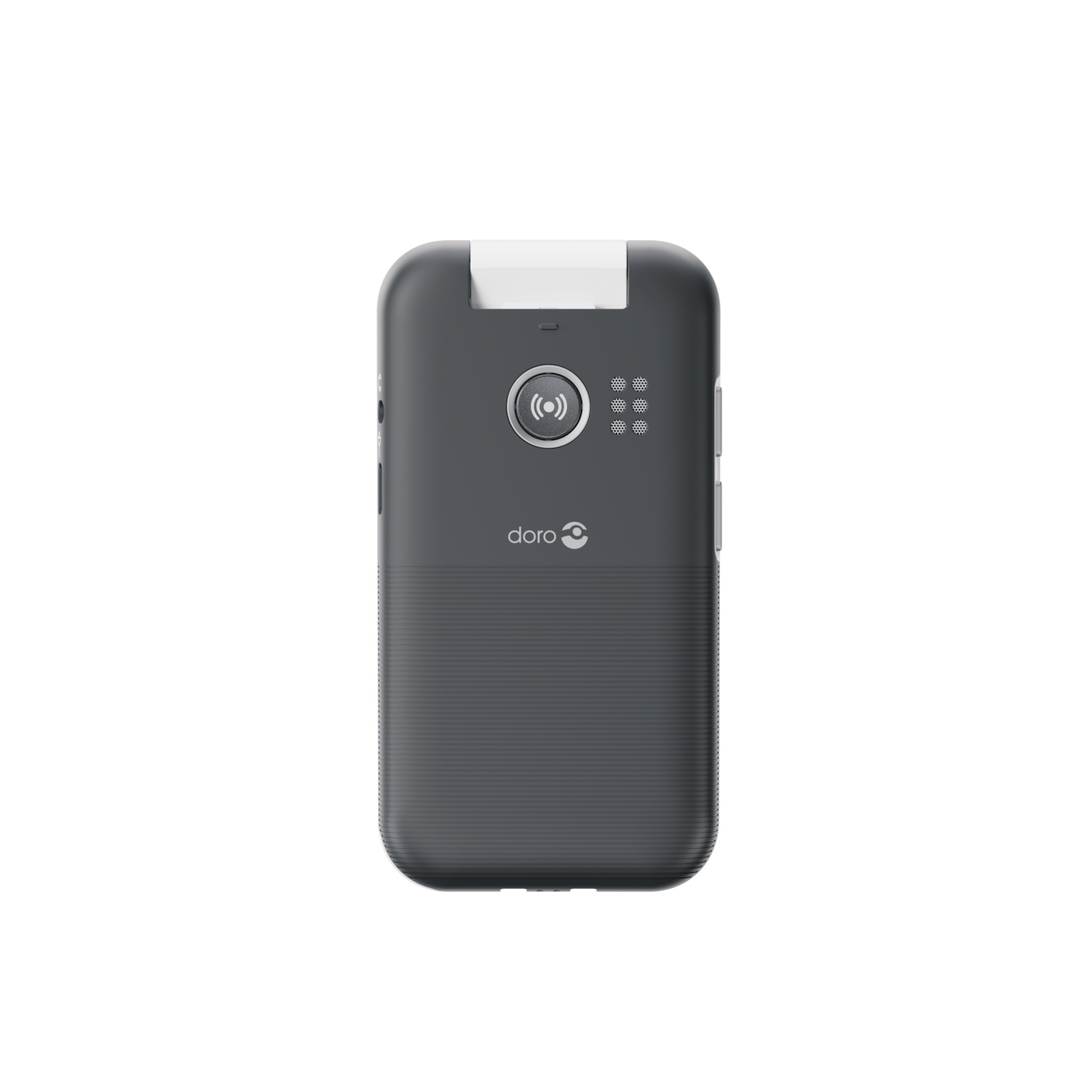 A gray Doro phone. Top has a white piece. Features a button with a signal icon and a few dot patterns. The Doro logo is visible.