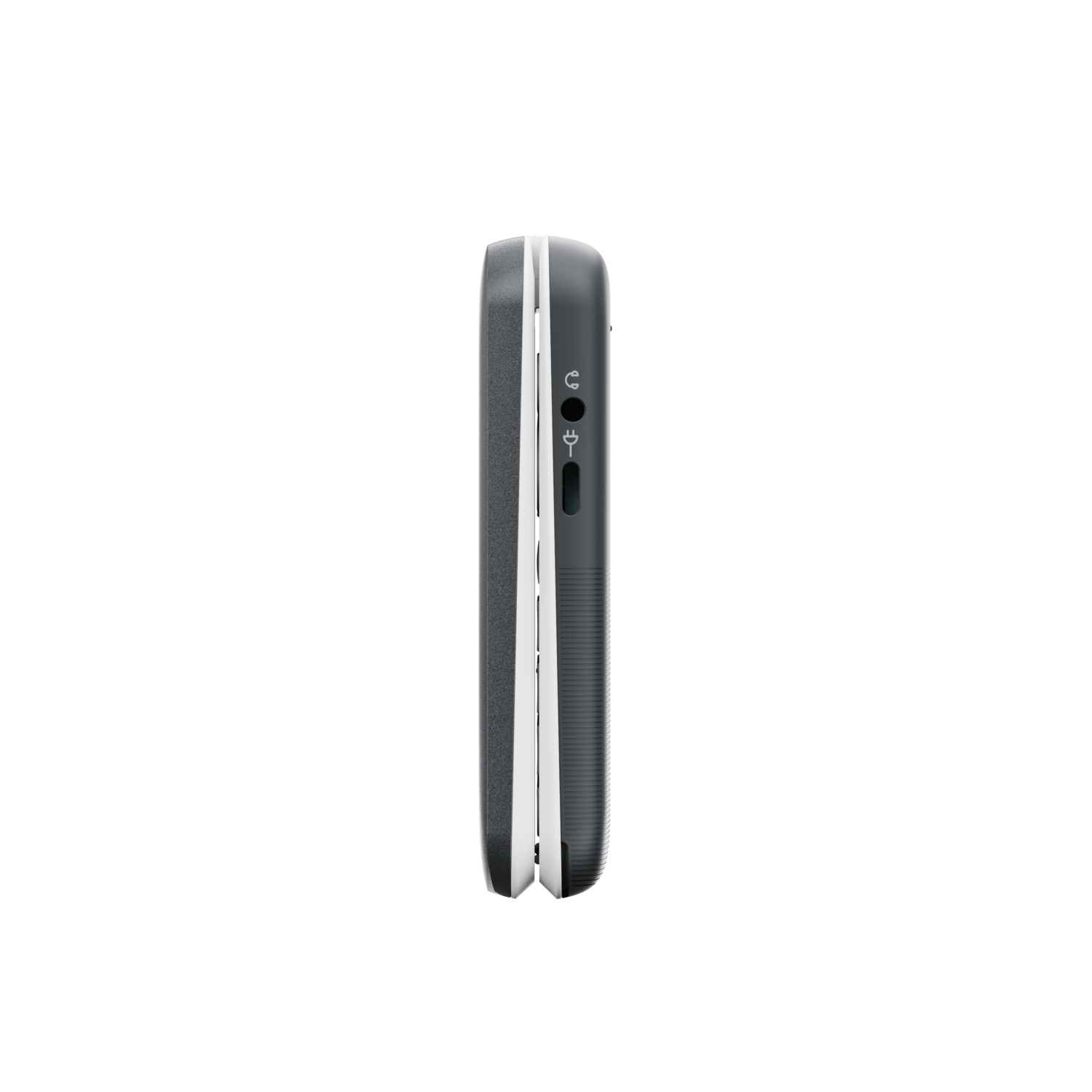 Side view of a dark gray device with a white outline. Features include a headphone jack, power button, and volume control.