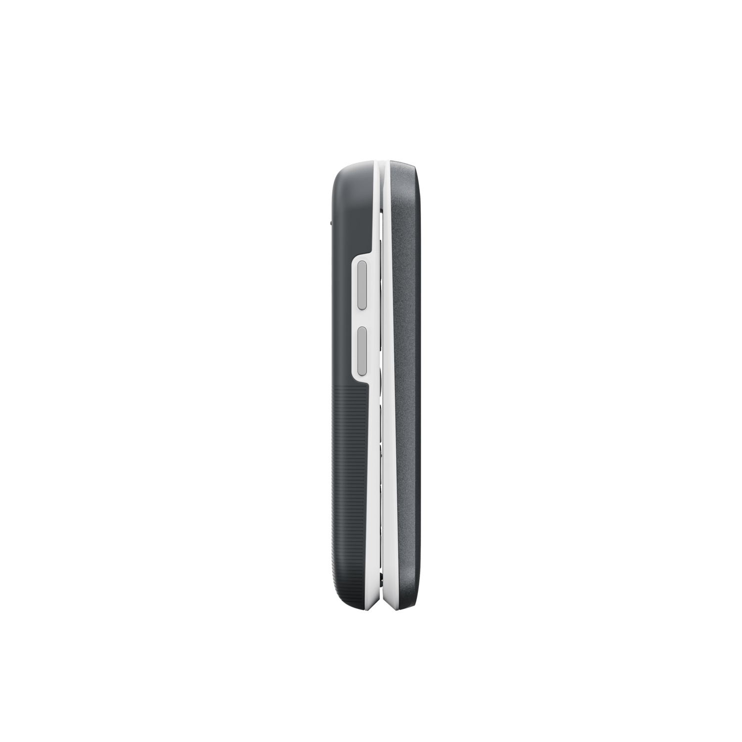 Side view of a closed, dark gray flip phone with white accents and buttons. The background is plain white.