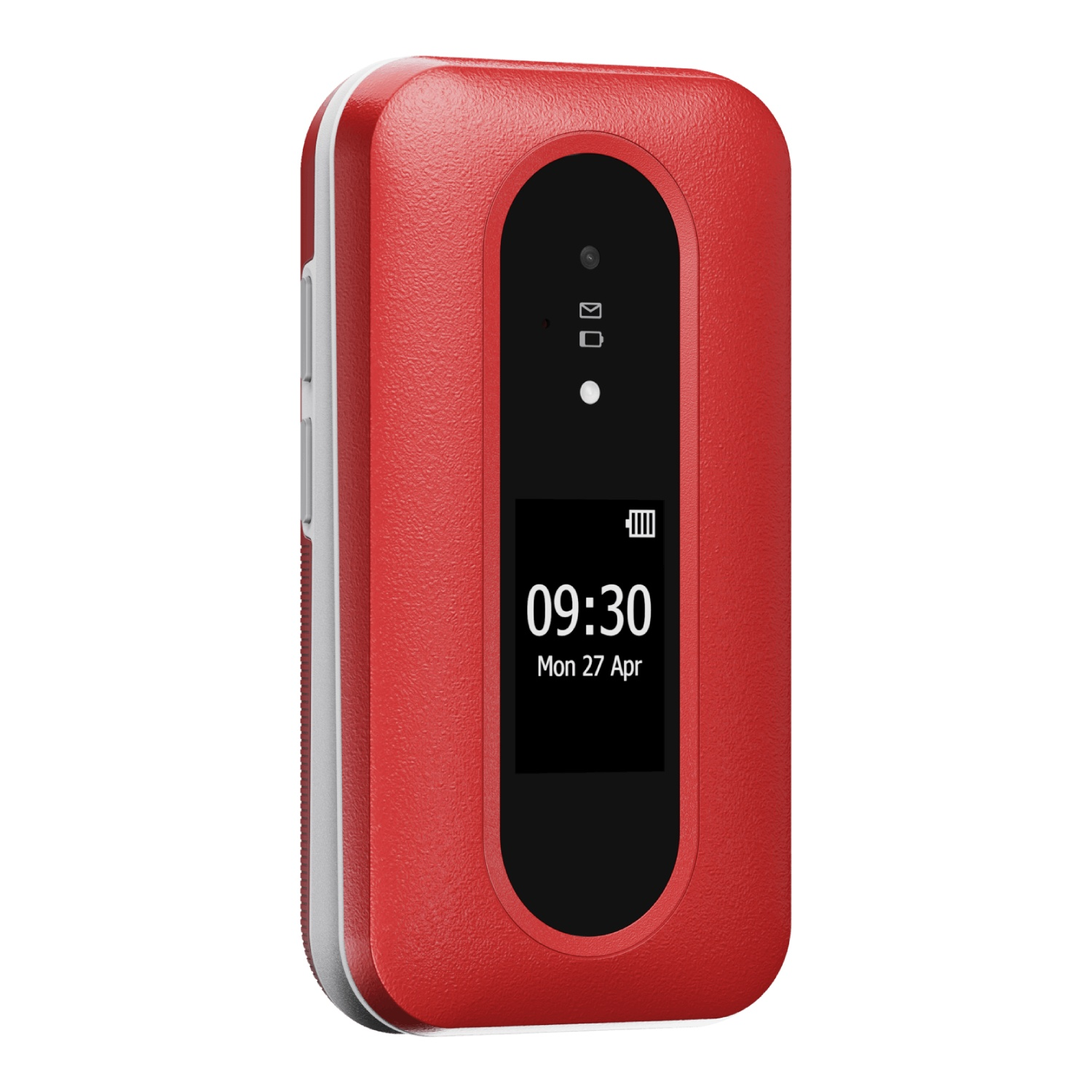 A red pocket device with a black screen displaying 09:30 and Mon 27 Apr. It has white and gray accents, and a small camera.