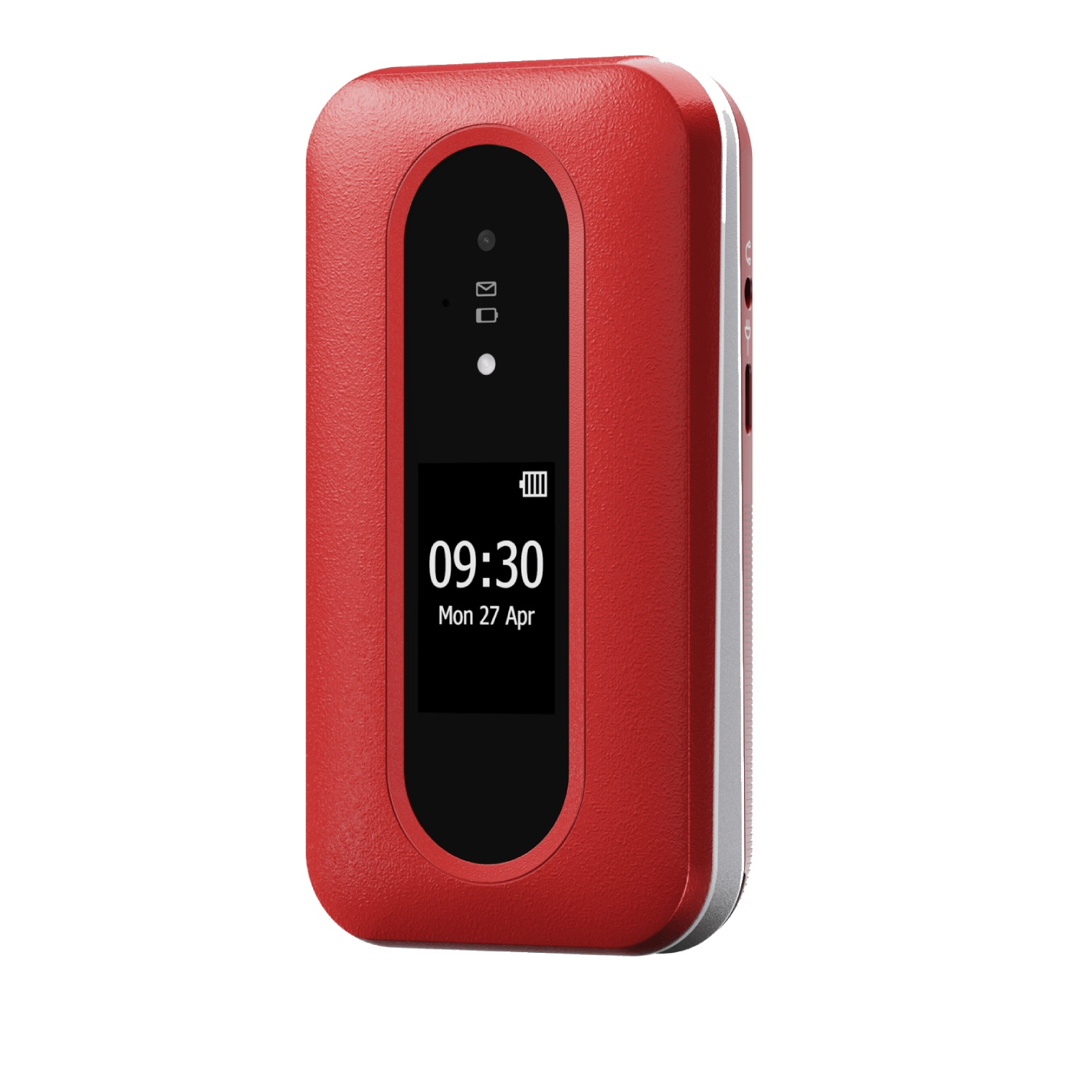 A red rectangular device with a black screen displaying the time 09:30 and date. It has icons and a battery indicator.
