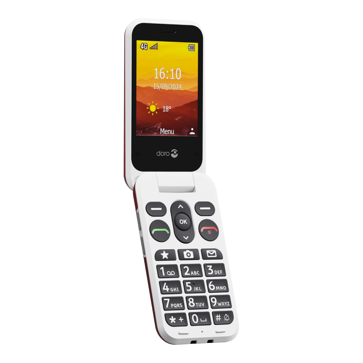 A white and burgundy flip phone is open. The screen shows the time, date, weather, and a menu. Below are number buttons.