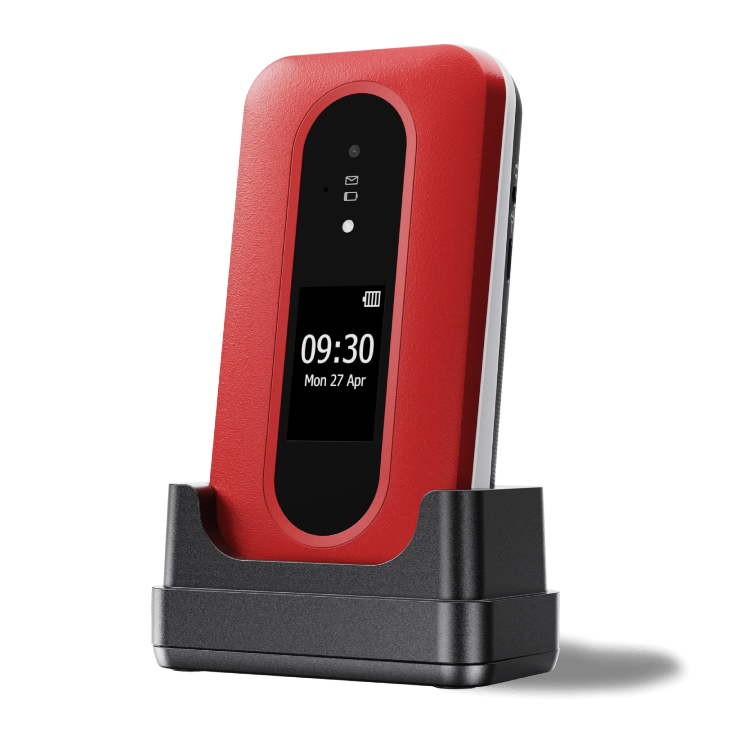 A red mobile device displaying time 09:30, in a black charging dock, on a white background.