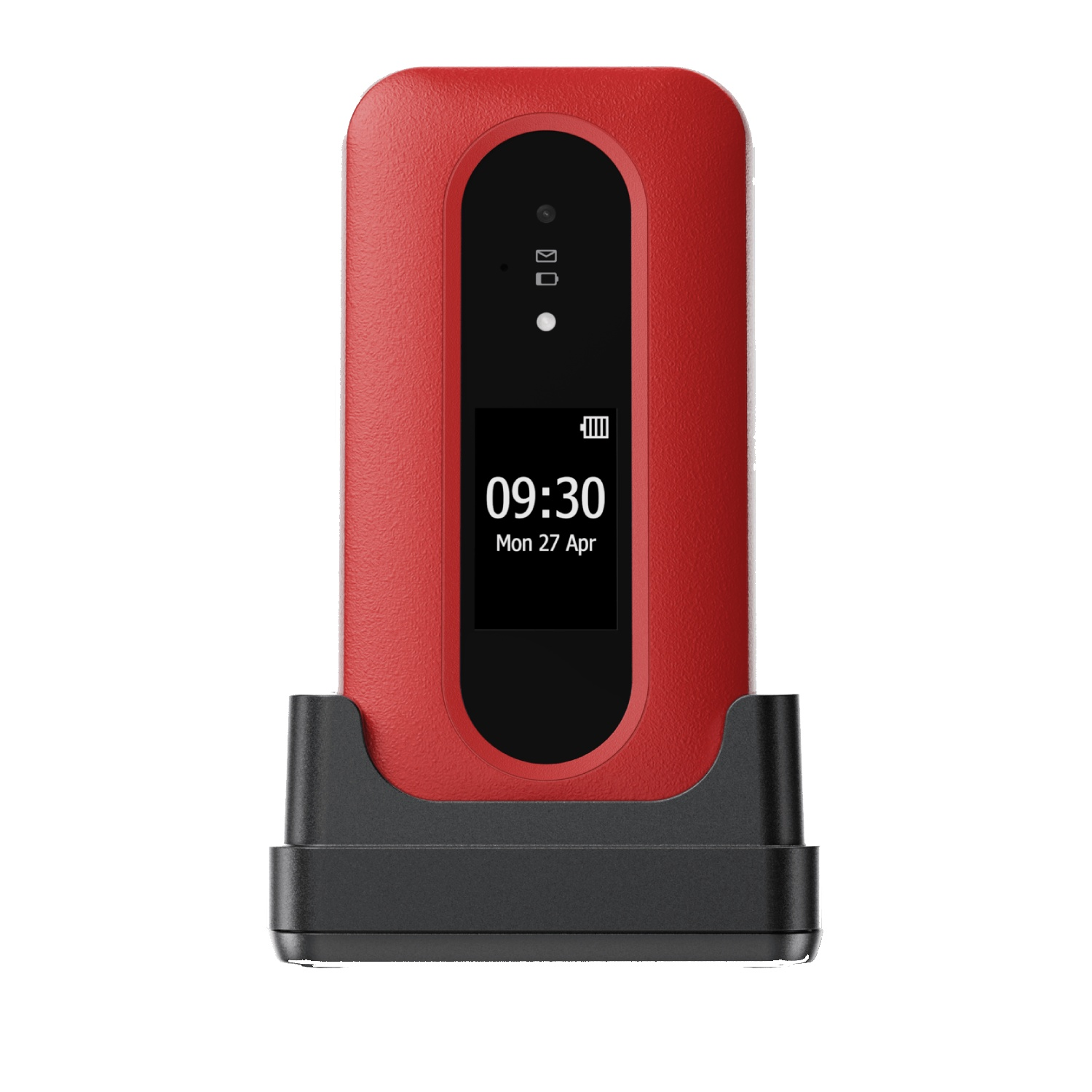 A red mobile device displaying time 09:30, Monday, April 27, in a black cradle. Device has indicators and a black screen. 