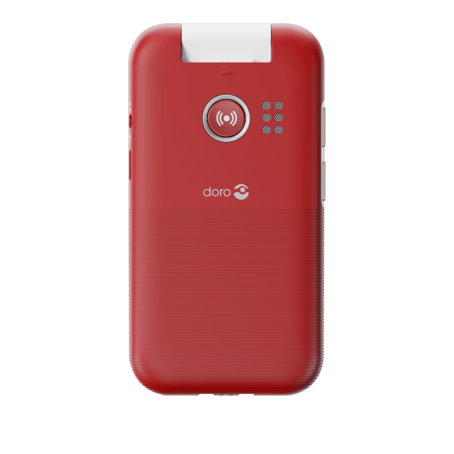 Red Doro flip phone with white top. Features a call button and speaker holes. Doro logo is visible.