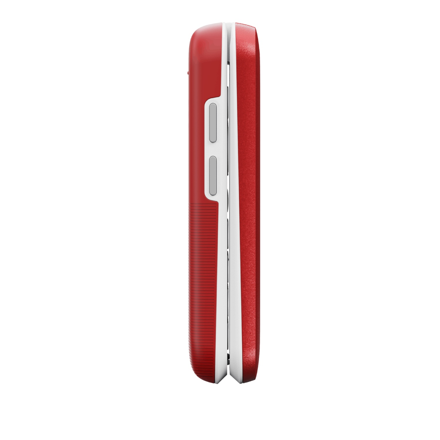 Side view of a red flip phone with white accents. Two buttons are visible on the side. The background is white.