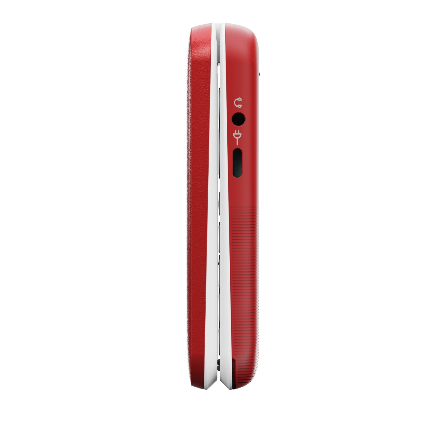 Side view of a red and white flip phone. The phone is closed, showing a red exterior with white accents and a few ports.