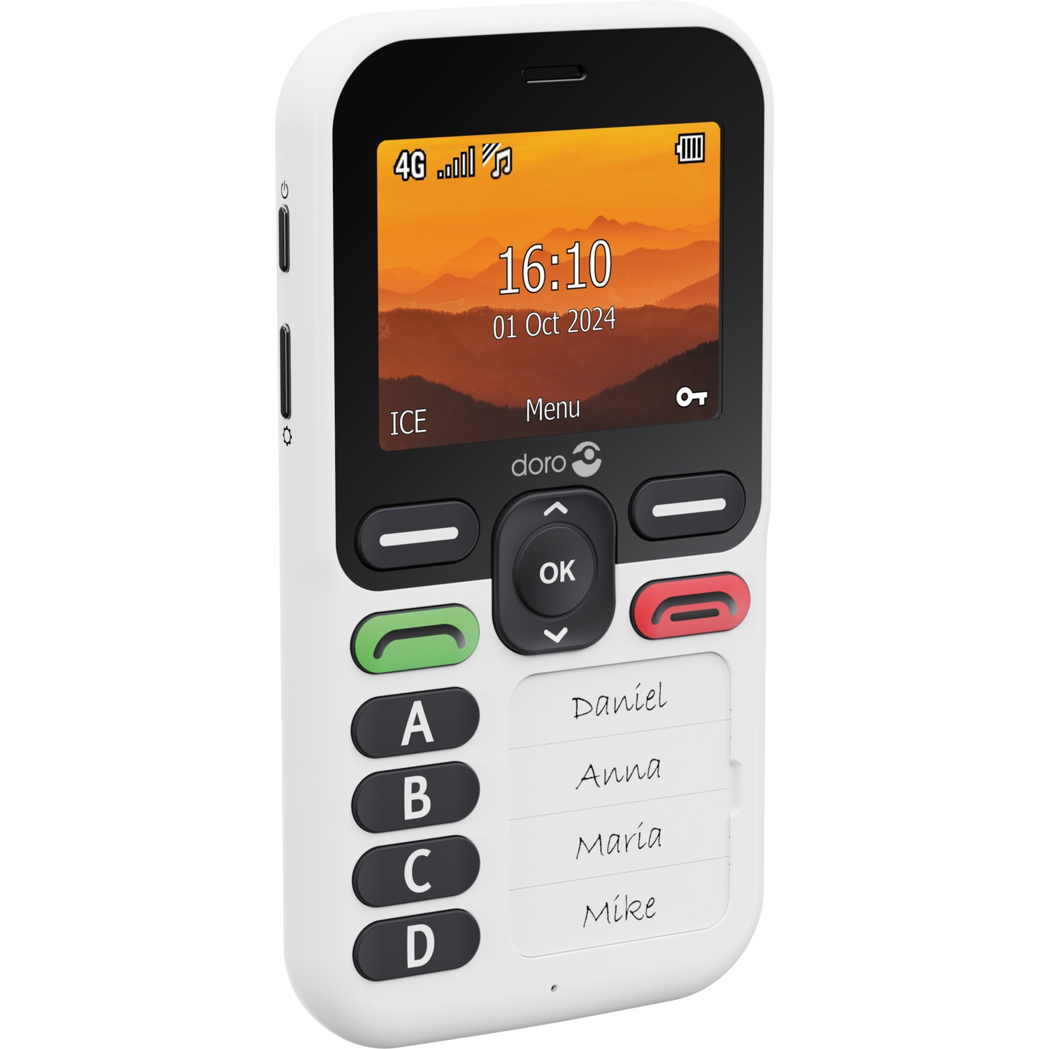 A white Doro phone with a screen displaying time and date. It has large buttons and a list of contacts. The background is white.