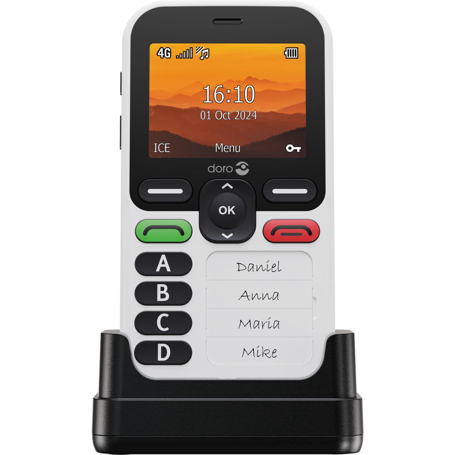 A white Doro phone in a black charging cradle. The screen displays the time and date. Buttons are large and labeled.