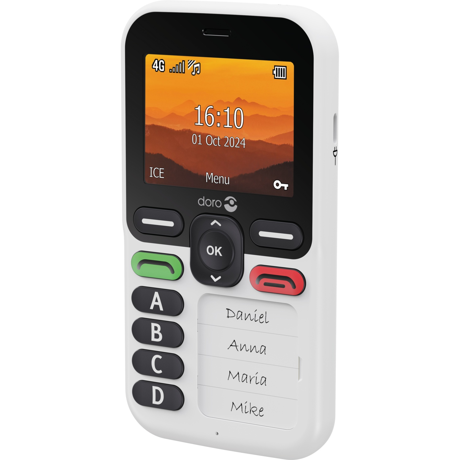 A white Doro phone shows a landscape screen, time, date, and buttons. It has a green call button and a red end call button.