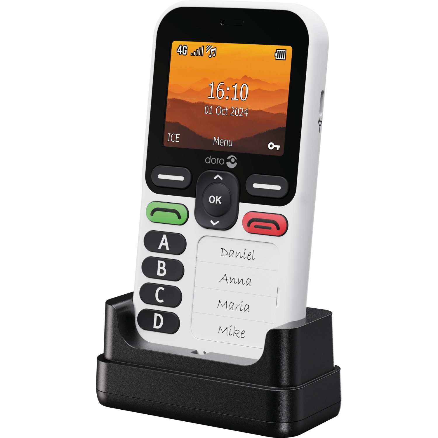 A white and black Doro phone in a black charging dock. The screen displays the time and date. Contact names are on the phone.