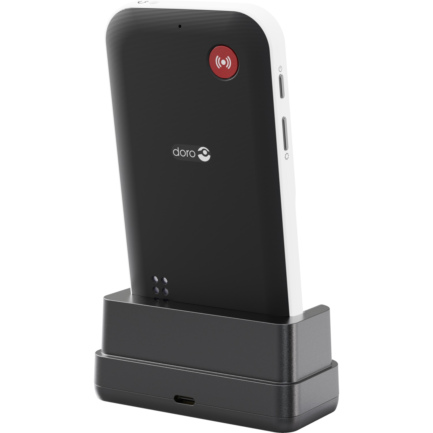 A black and white Doro phone with a red button, in a black charging station, on a white background.