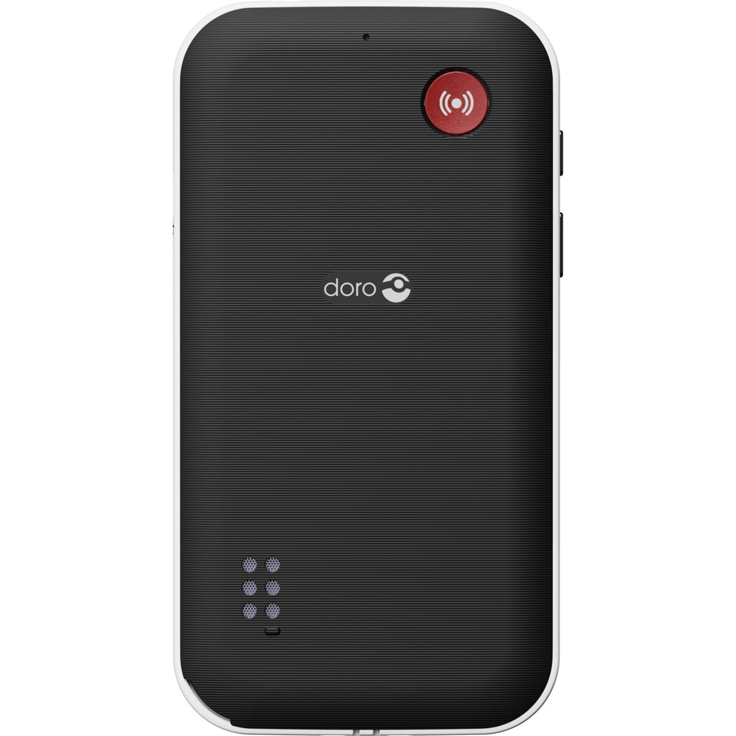 Black Doro phone with white trim. Red button with signal symbol. Doro logo at center. Speaker and microphone holes at bottom.