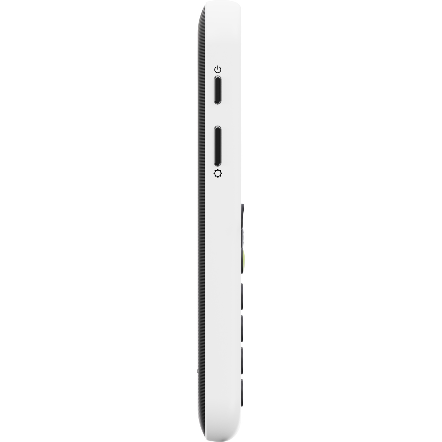 Side view of a white, rectangular device with buttons and a screen. Black vertical lines on the side, and a power button.