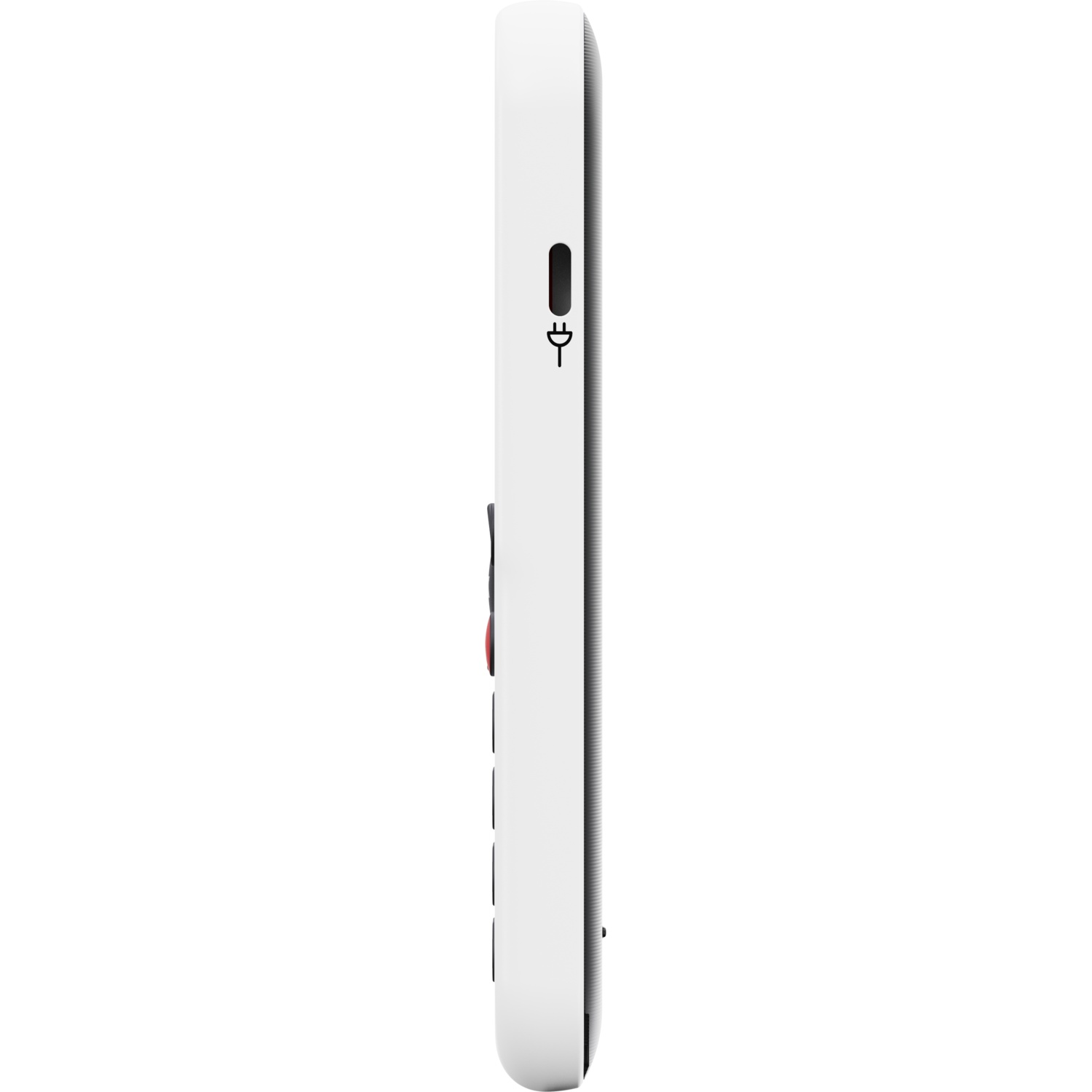 Side view of a white phone. It has black and red buttons, a charging port icon, and a black strip on its side.