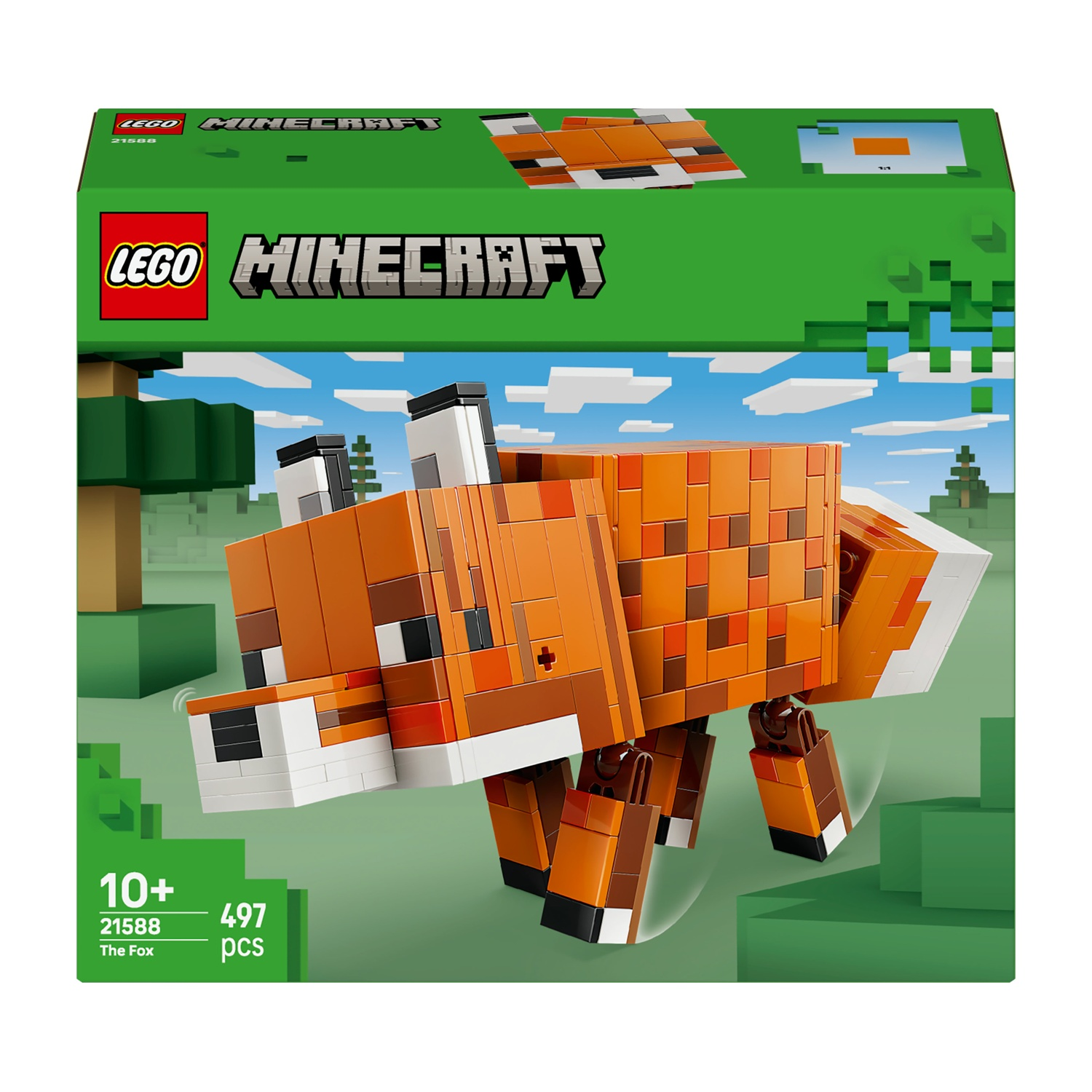 Un set Lego Minecraft presenta un modello di volpe. La scatola è verde con il logo Lego Minecraft. La volpe è arancione, marrone e bianca.