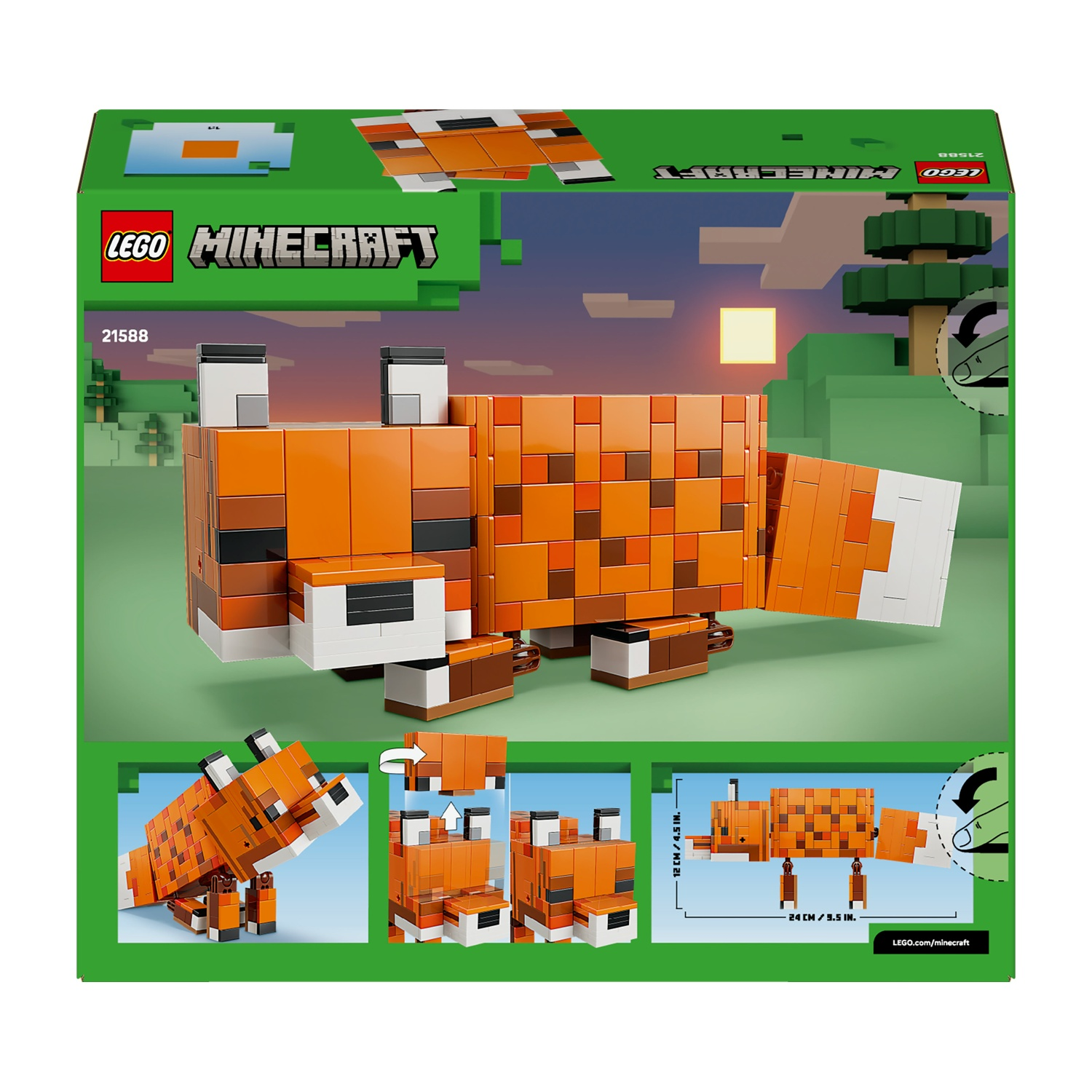 Scatola del set Lego Minecraft. Viene mostrata una grande volpe arancione fatta di mattoncini Lego. La scatola è verde con il marchio Minecraft e Lego.