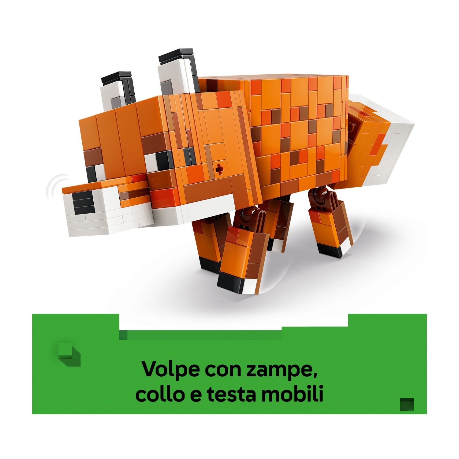 Un modello di volpe Lego. È arancione, bianco e nero con gambe, collo e testa articolati. Lo sfondo è bianco.