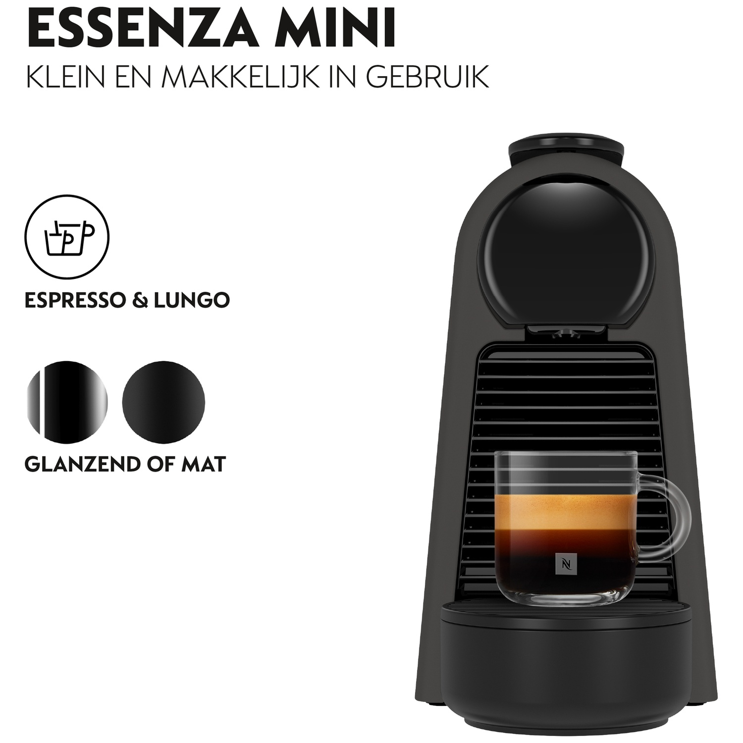 Black espresso machine with a glass of coffee. Text reads 'ESSENZA MINI'. Icons and text: Espresso & Lungo, Glanzend of Mat.
