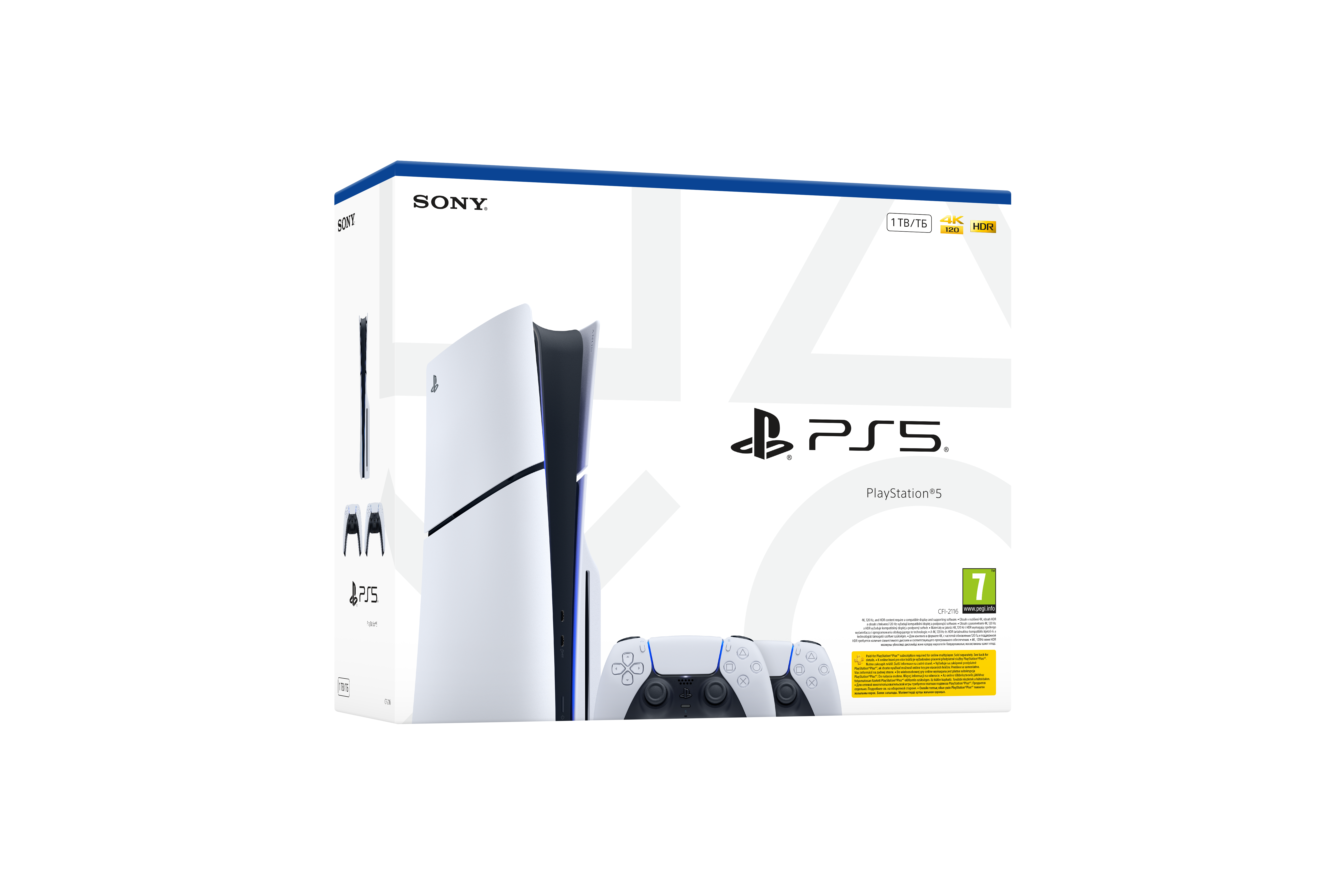 PS5 konsol kutusu. Konsol ve kontrolcünün fotoğrafıyla beyaz. Sony logosu görünür.