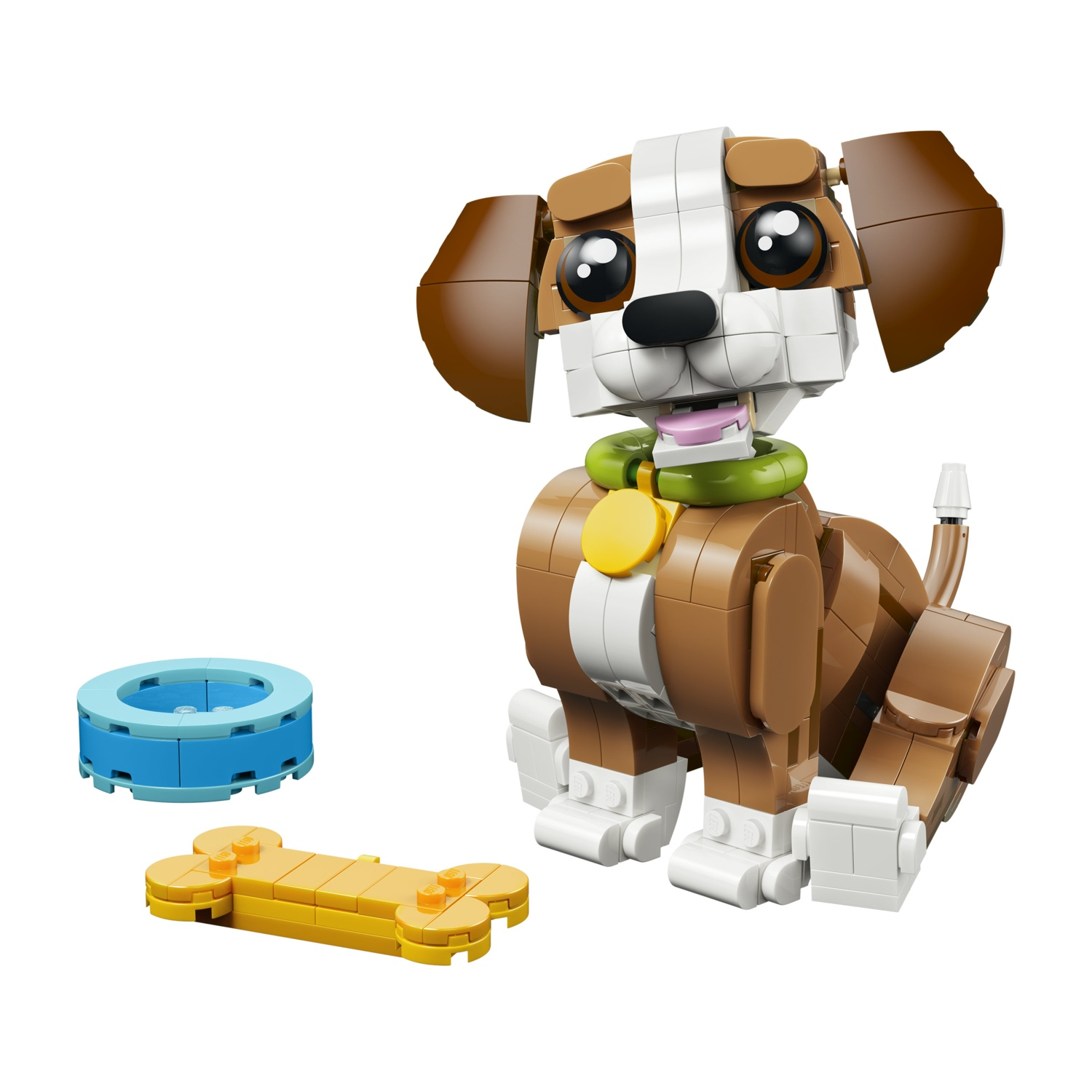 Un cane Lego, un osso e una ciotola su bianco. Il cane è marrone, bianco e nero. Un osso giallo e una ciotola blu sono vicini.