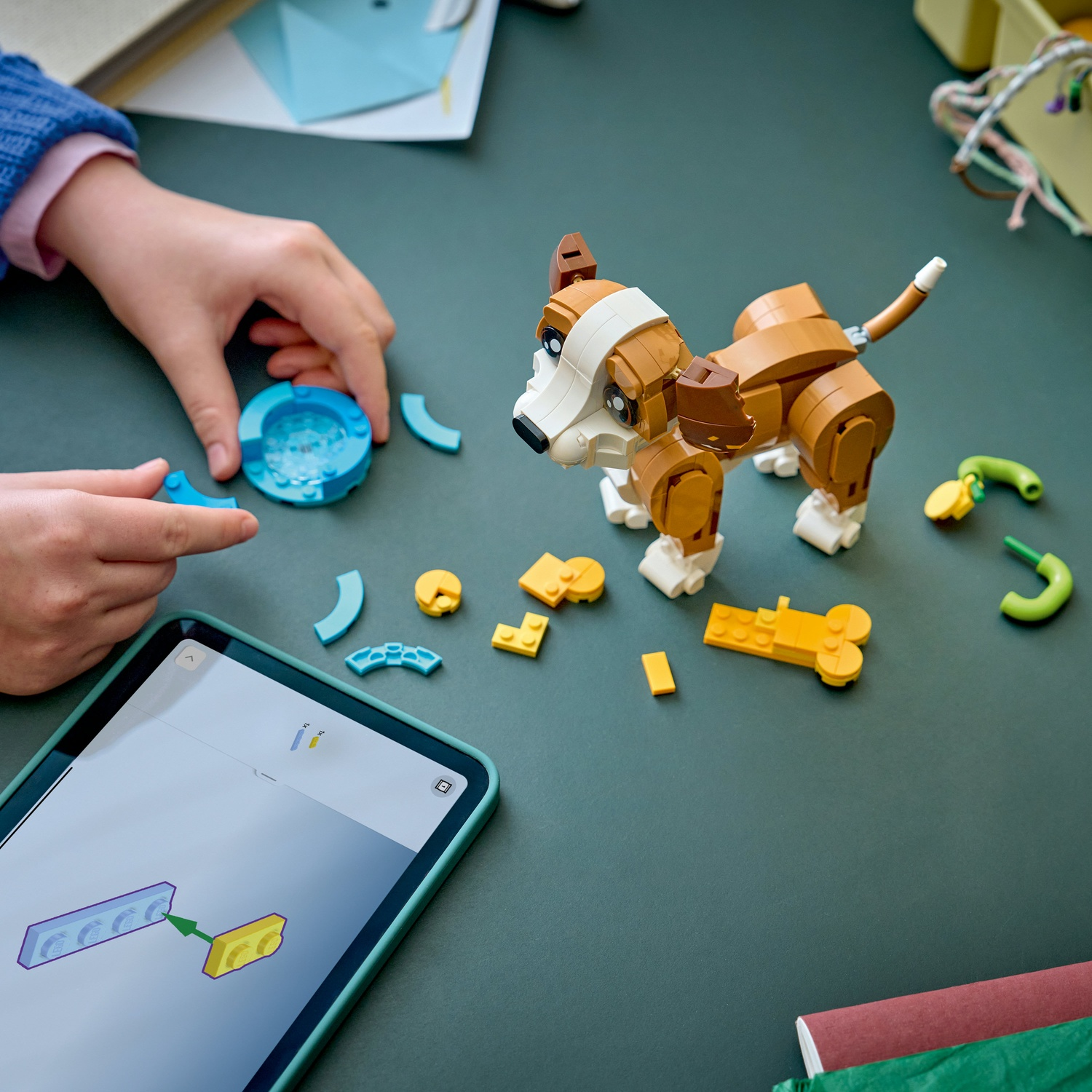 Un bambino assembla un cane Lego, seguendo le istruzioni su un tablet. Pezzi Lego e il cane sono su una superficie verde.