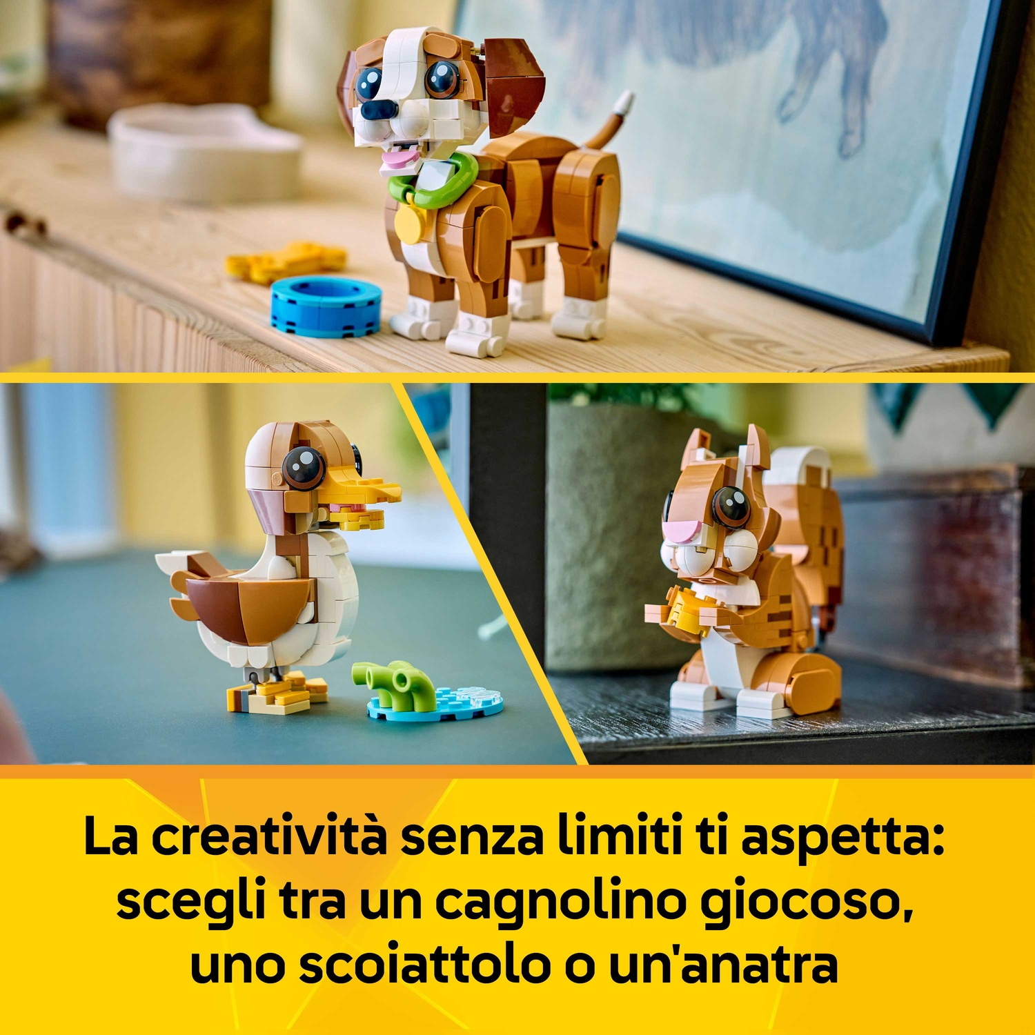 L'immagine mostra modelli Lego: un cane, un'anatra e uno scoiattolo. Il cane ha un collare verde. Il testo dice: la creatività senza limiti ti aspetta.