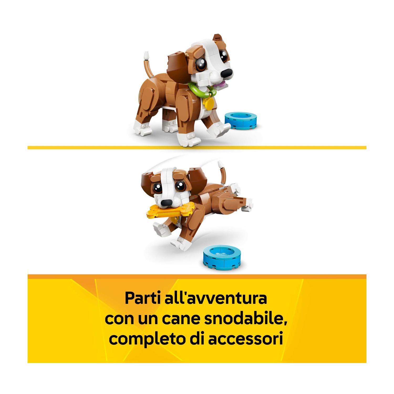 Due cani Lego, uno in piedi, l'altro con un osso. Entrambi hanno pelo marrone e bianco con ciotole blu. Banner giallo in basso.