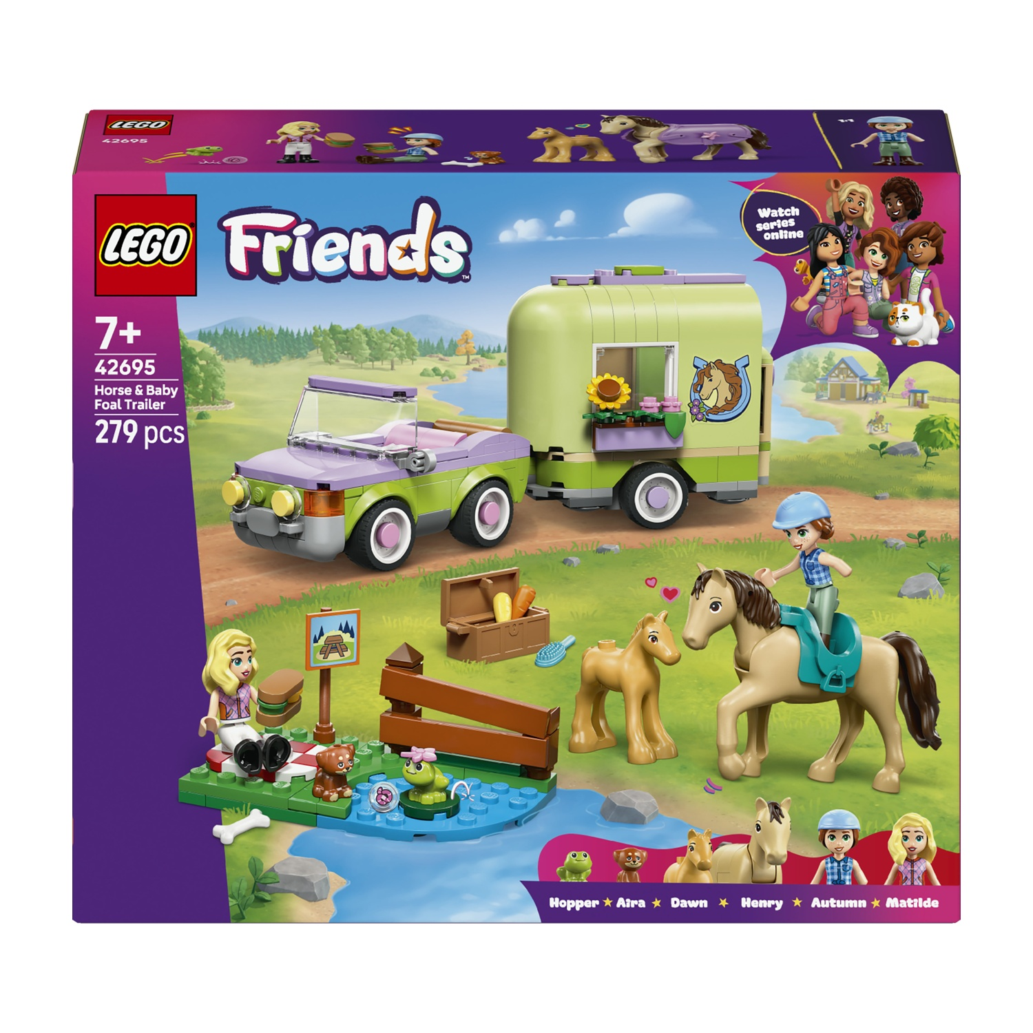 Set Lego Friends. Un'auto verde traina un rimorchio. Una ragazza cavalca un cavallo, con altre figure e animali, tra cui una rana e un cane.