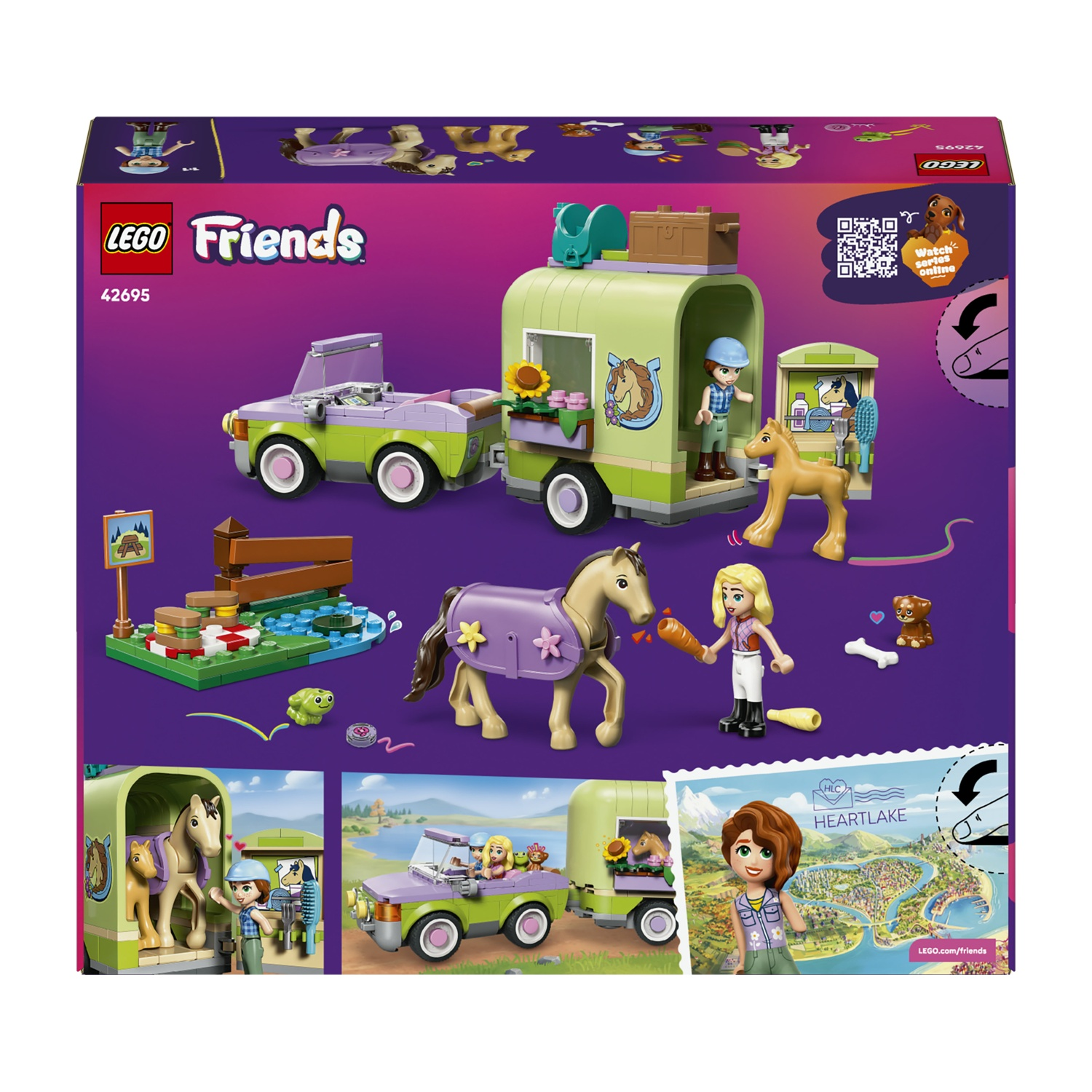 Set Lego Friends con rimorchio per cavalli, auto, figurine, cavalli e accessori. Include una scena del lago e una mappa.