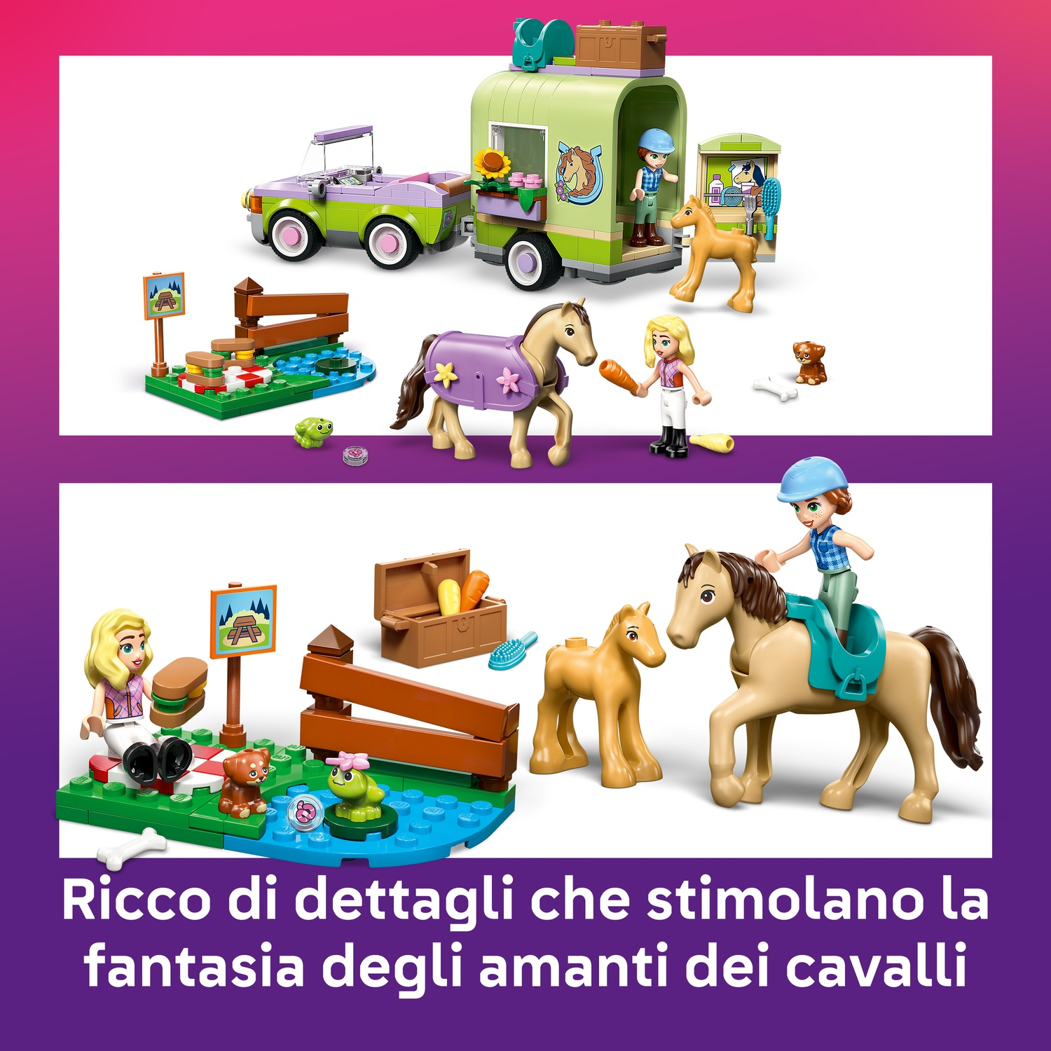 Un set di cavalli Lego con rimorchio, auto, figure di cavalli e minifigure, più accessori, su sfondo rosa.