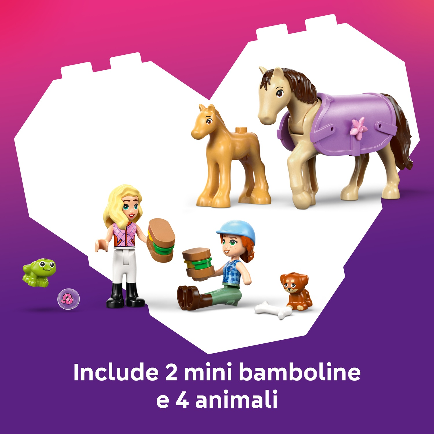 L'immagine presenta personaggi Lego: due ragazze, due cavalli, un cane e una rana. Le ragazze tengono in mano del cibo. I cavalli hanno selle. C'è un osso.