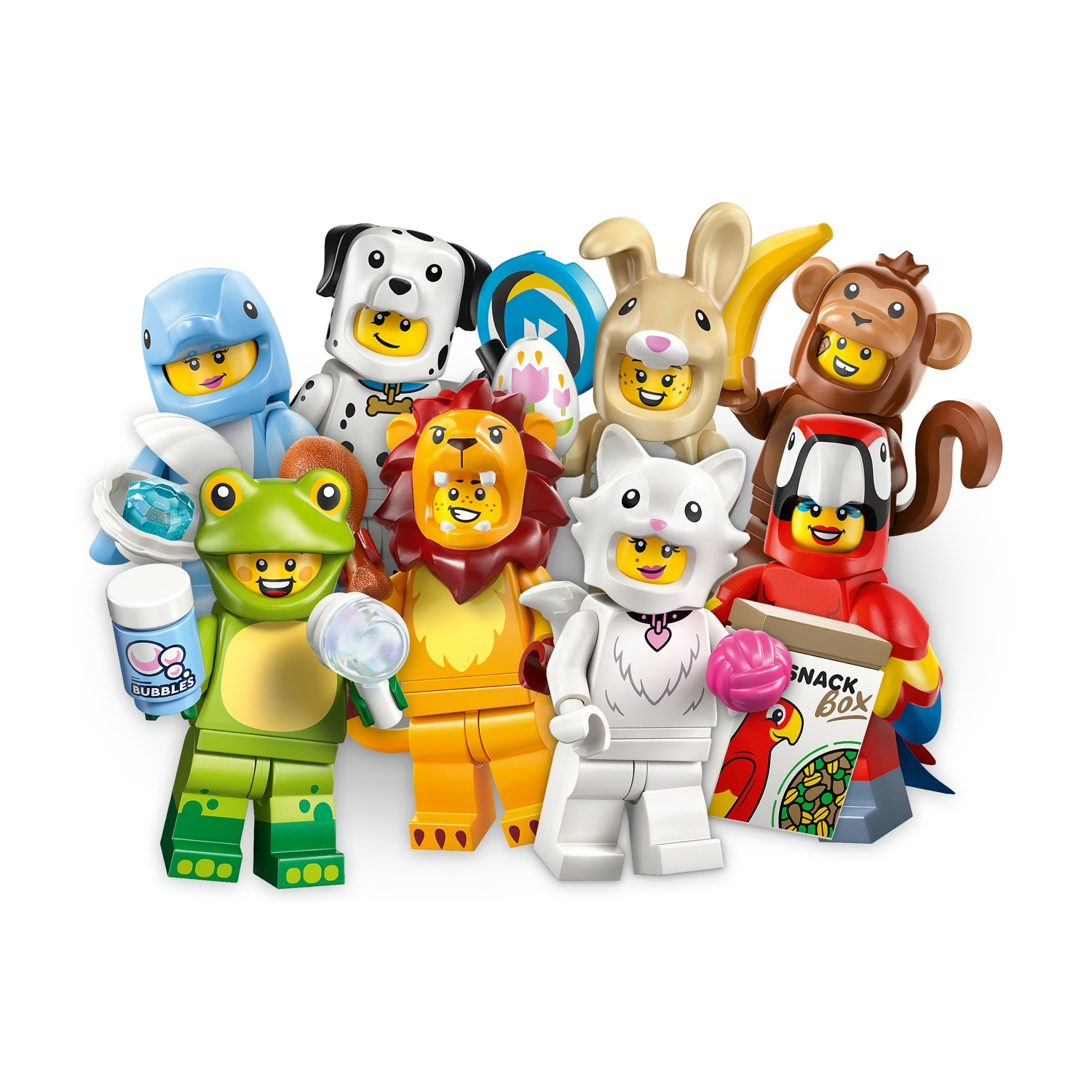 Minifigure Lego in costume da animali, tra cui cane, leone, rana, gatto, coniglio, scimmia, pappagallo e delfino, con accessori.