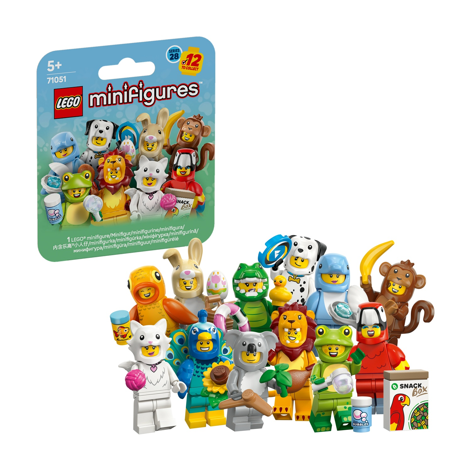 Set di minifigure LEGO. Vengono mostrate varie figure a tema animale, tra cui un cane, un leone, una scimmia e una rana.